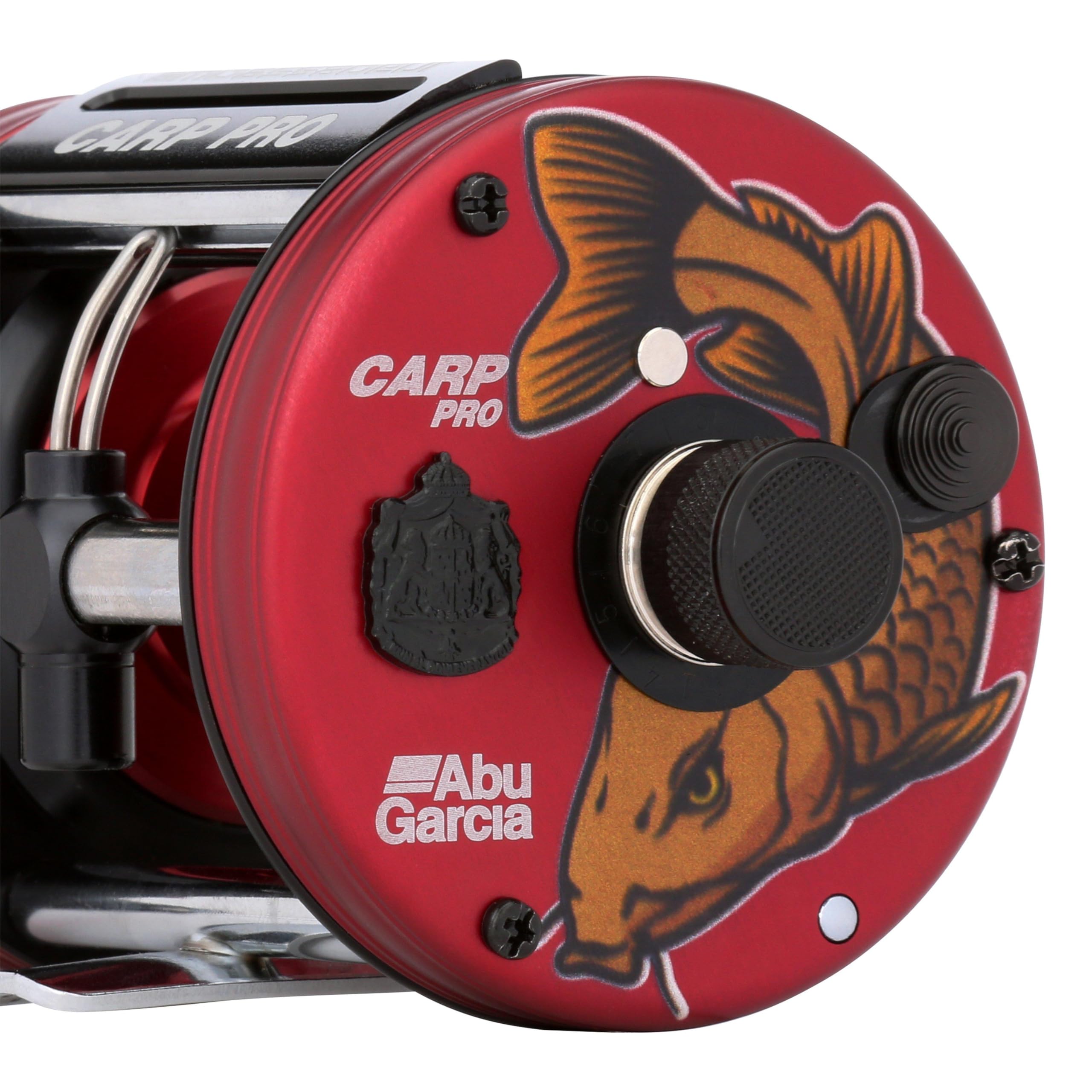 Six-pin brake detail on Abu Garcia Carp Pro reel for controlled casting.