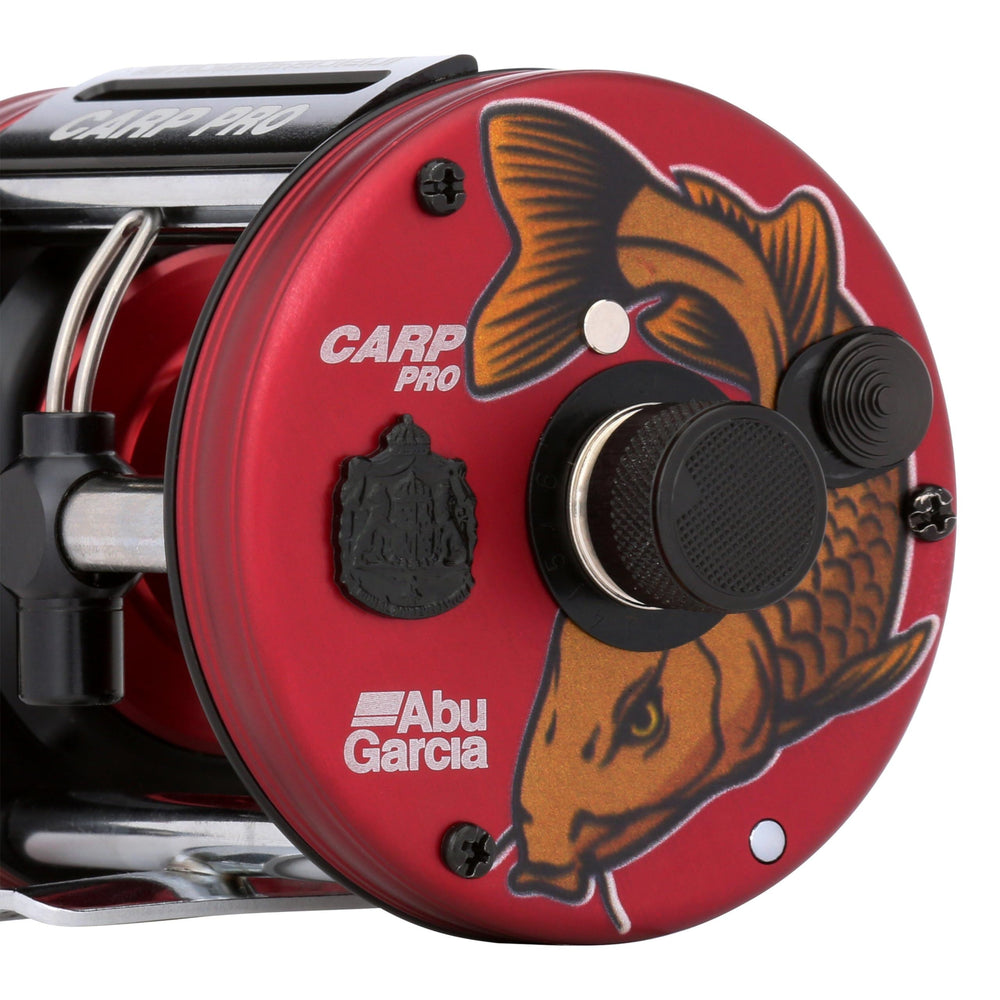 Six-pin brake detail on Abu Garcia Carp Pro reel for controlled casting.