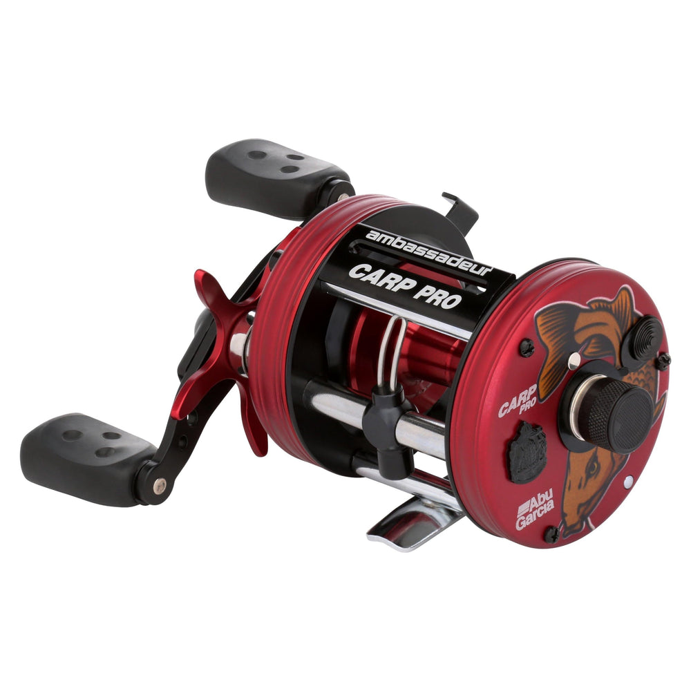 Abu Garcia Ambassadeur Carp Pro reel side view shows rugged aluminum construction for durability.