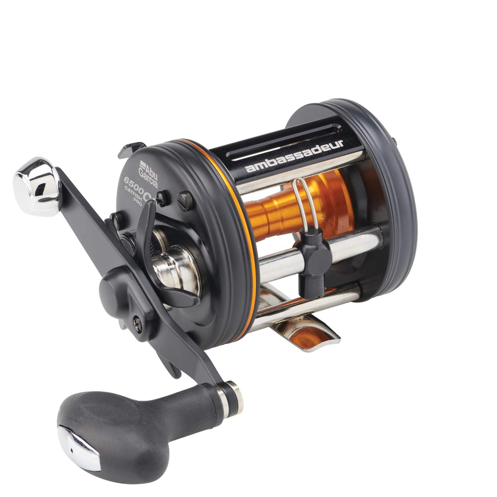 Abu Garcia Catfish Pro 6500 side view with extended bent handle for leverage