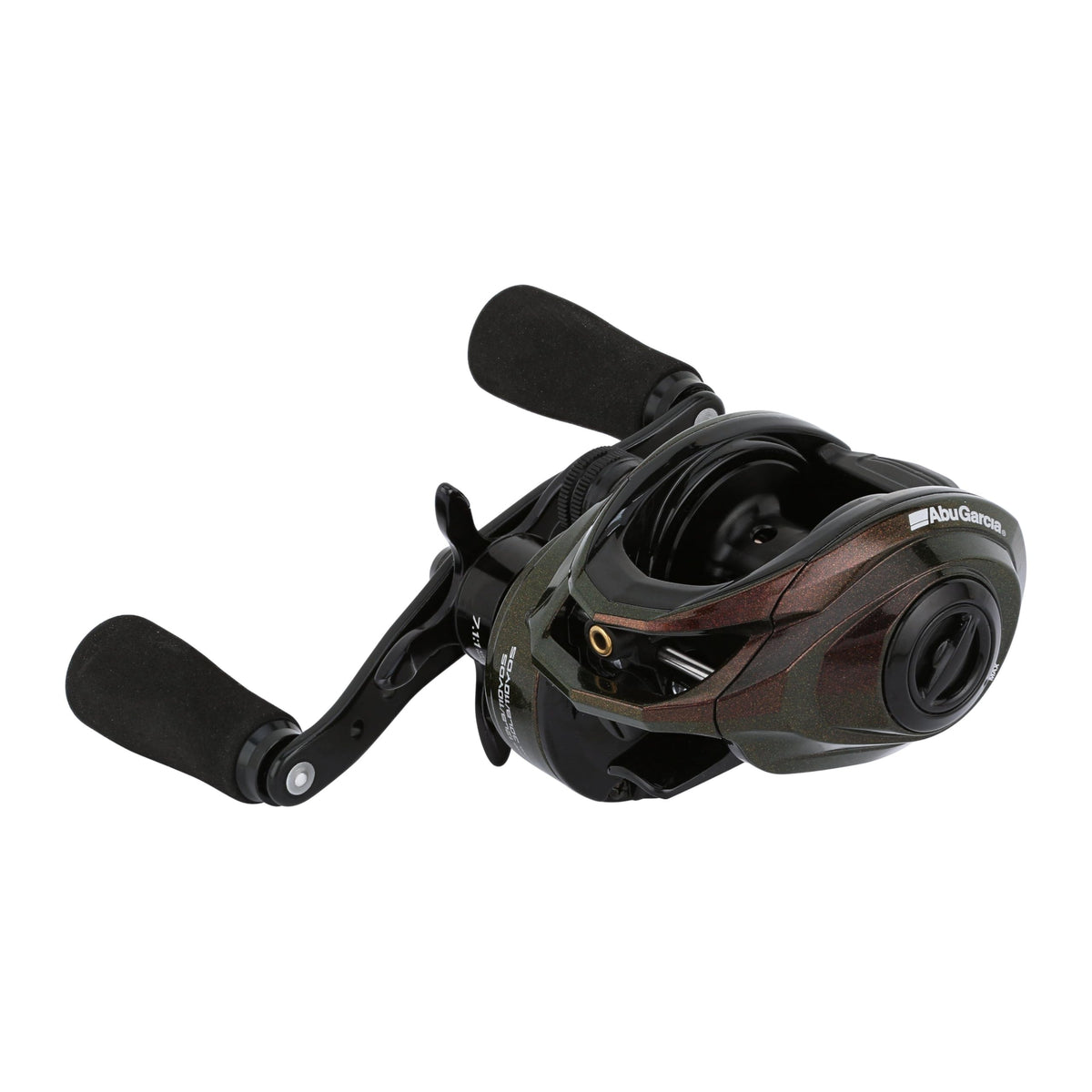 Abu Garcia Ike Signature low profile reel on graphite frame for lightweight handling.