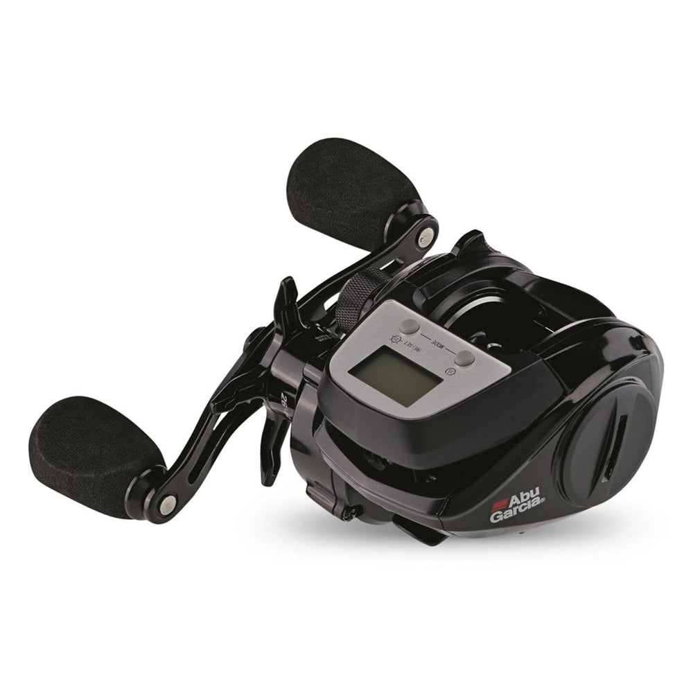 Abu Garcia Max Digital Line-Counter side profile emphasizes ergonomic bent handle for all-day comfort.