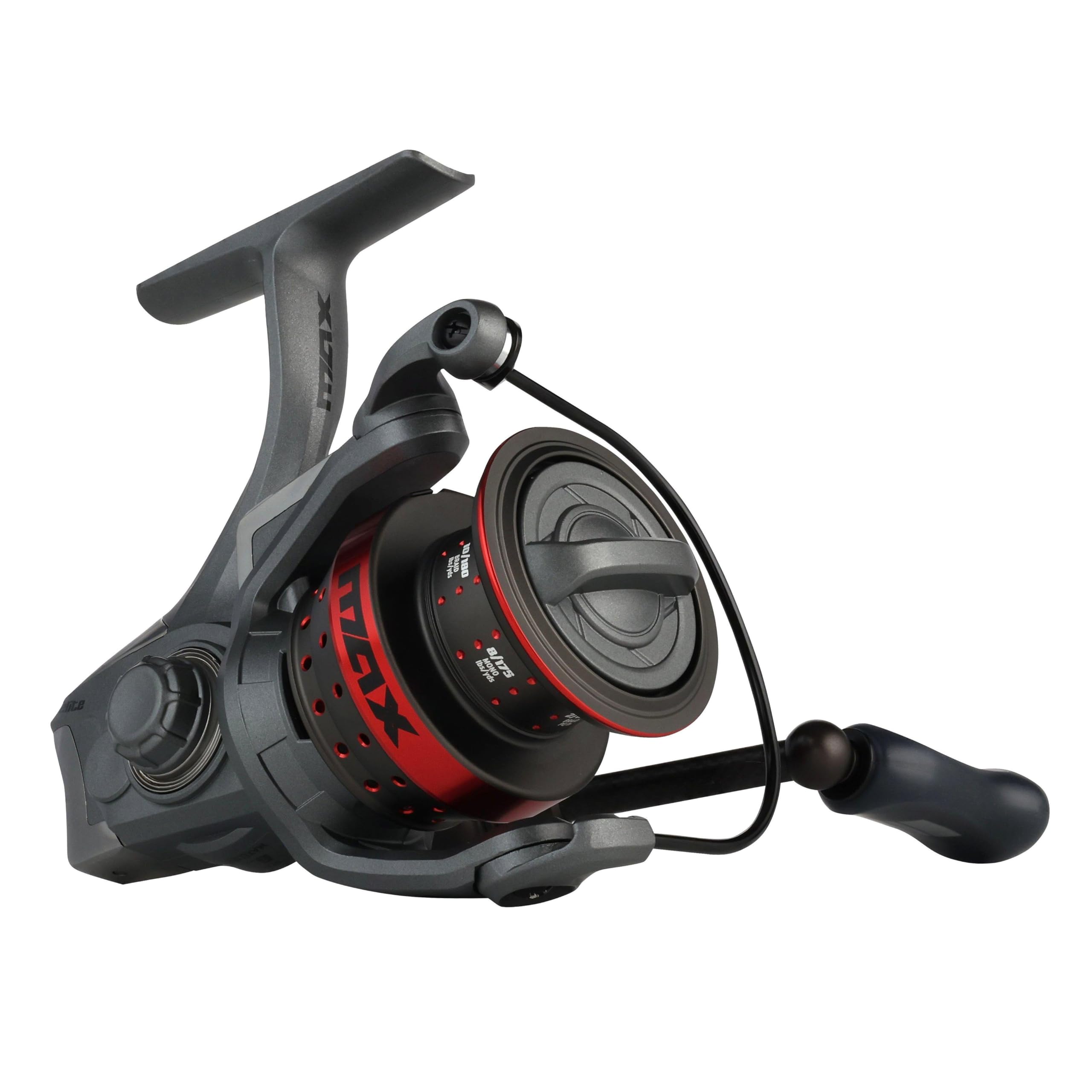 Abu Garcia Max Elite Spinning Reel shows asymmetric carbon frame for lightweight handling.