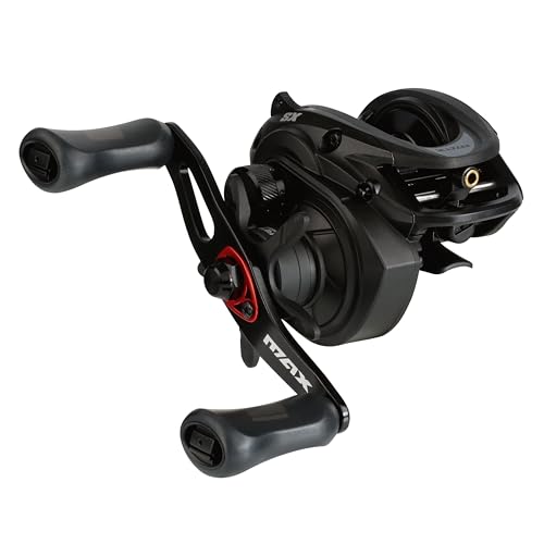 Abu Garcia Max SX LP reel handle close-up highlights 90mm bent aluminum handle for strong retrieves.