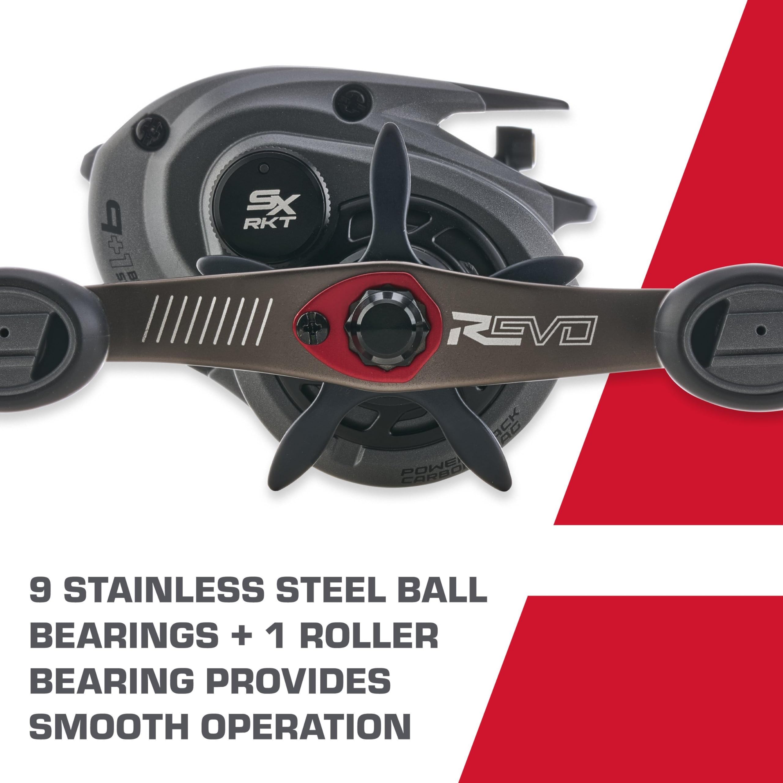 Abu Garcia Revo 5 SX RKT casting action emphasizes fast 9.0:1 gear ratio.