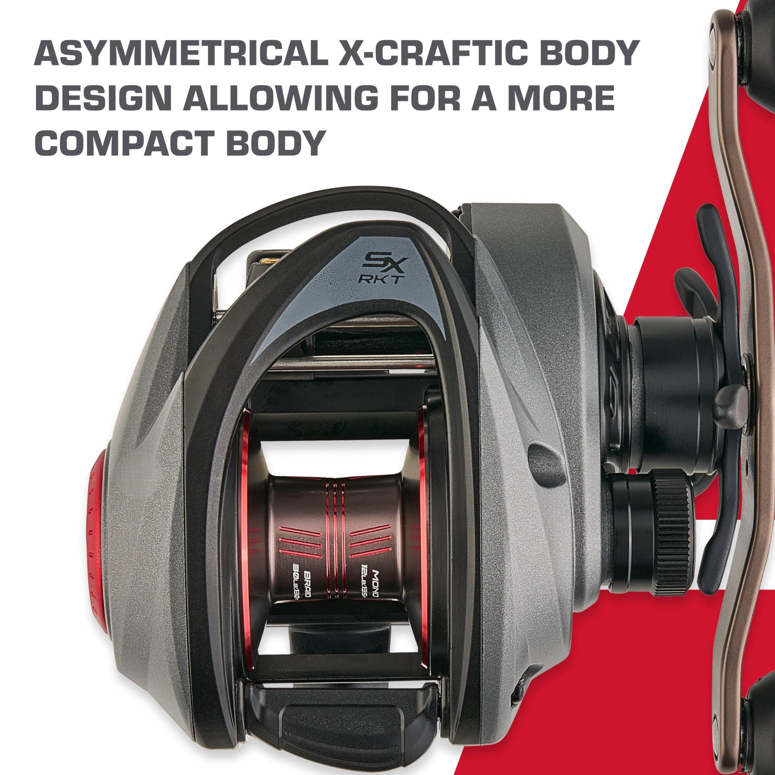 Abu Garcia Revo 5 SX RKT capacity markings visible for line and braid choices.