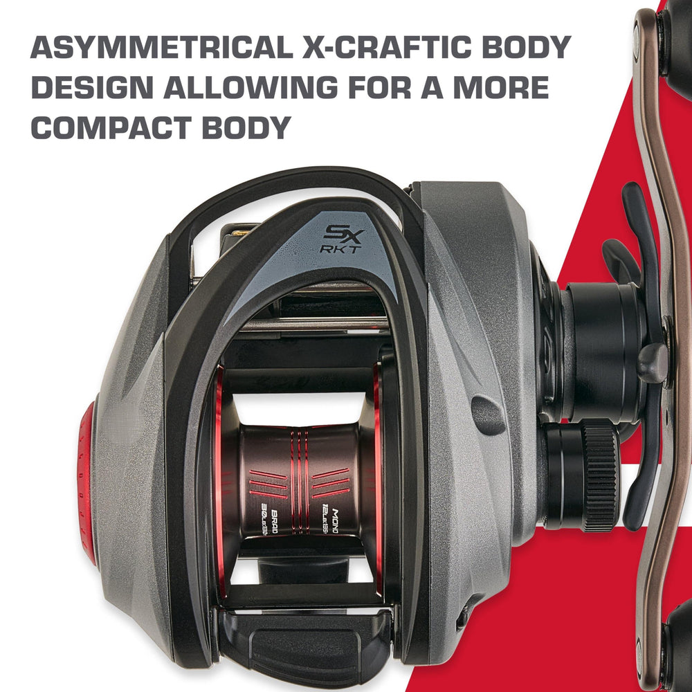 Abu Garcia Revo 5 SX RKT capacity markings visible for line and braid choices.