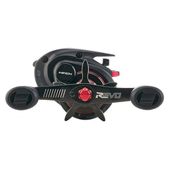 Abu Garcia Revo 5 Winch sideplate highlights asymmetrical design for balanced casting.