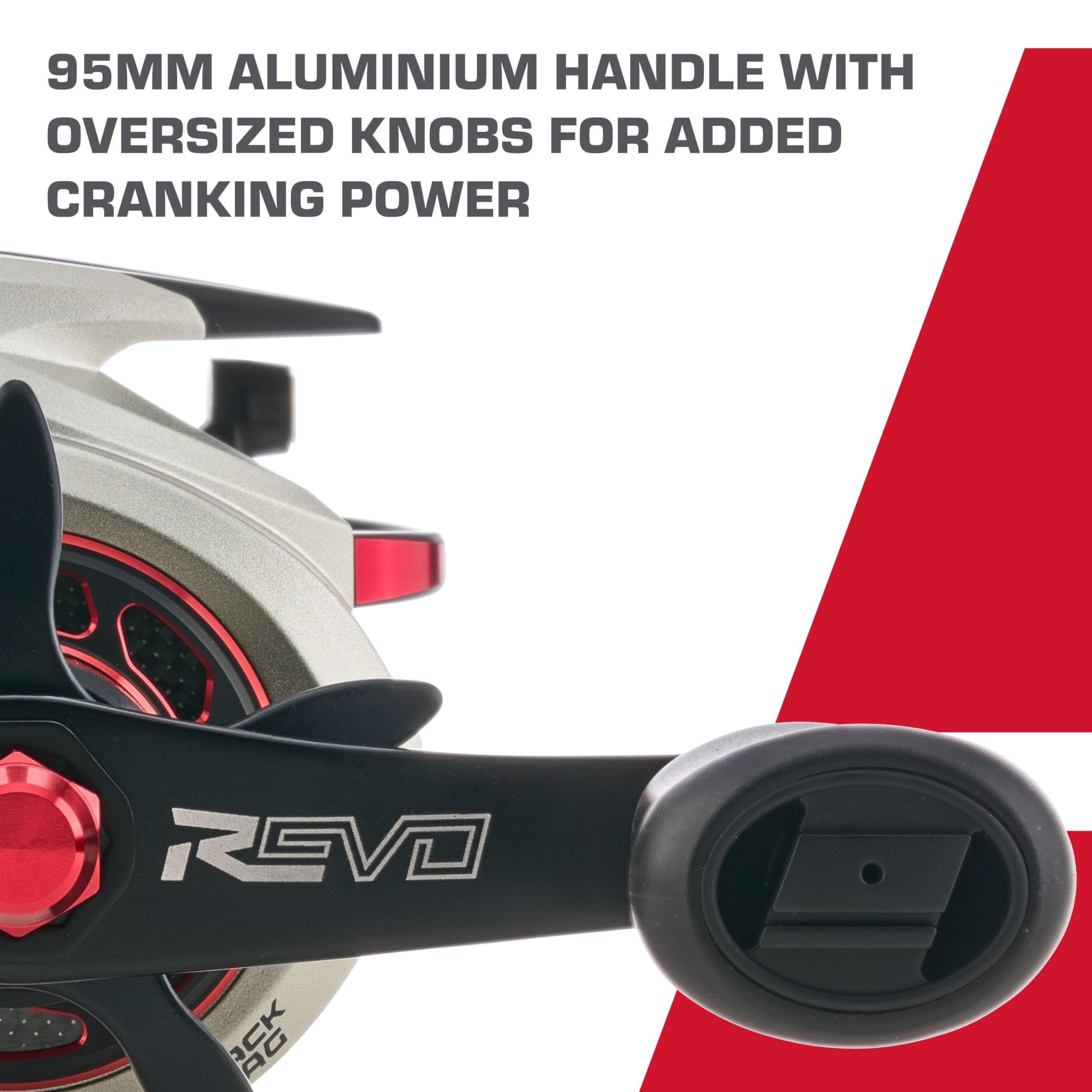 Abu Garcia Revo STX asymmetrical body design seen in profile for balance