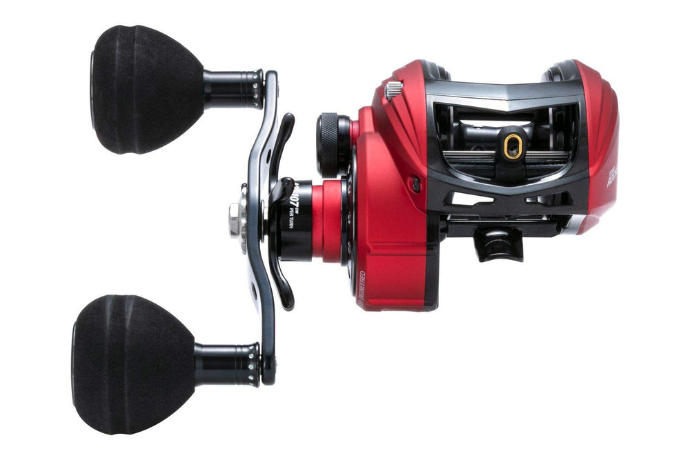 Abu Garcia Revo Toro Rocket LP reel front view highlights rugged build for freshwater fishing.