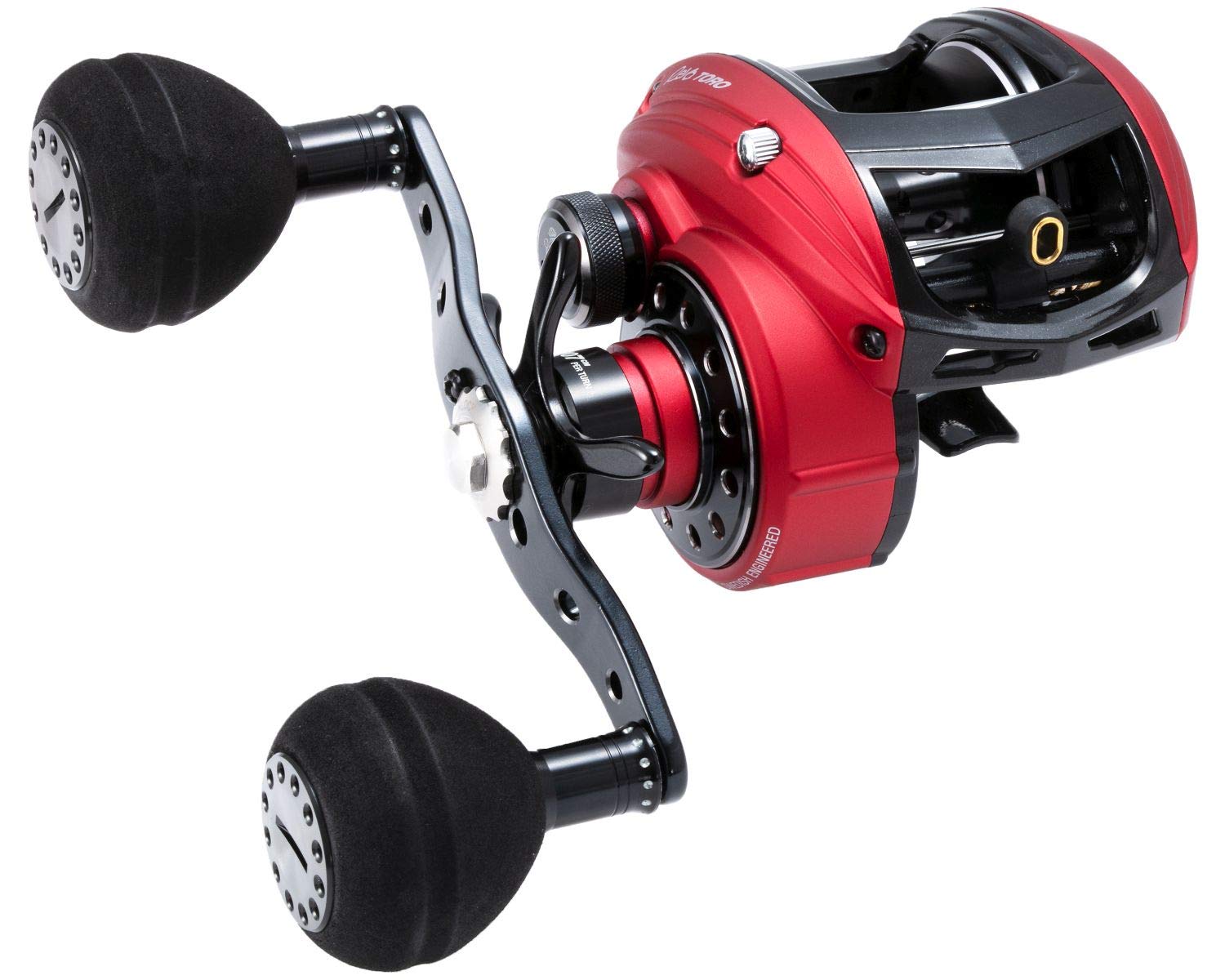 Abu Garcia Revo Toro Rocket LP reel side view shows corrosion-resistant frame and speed.