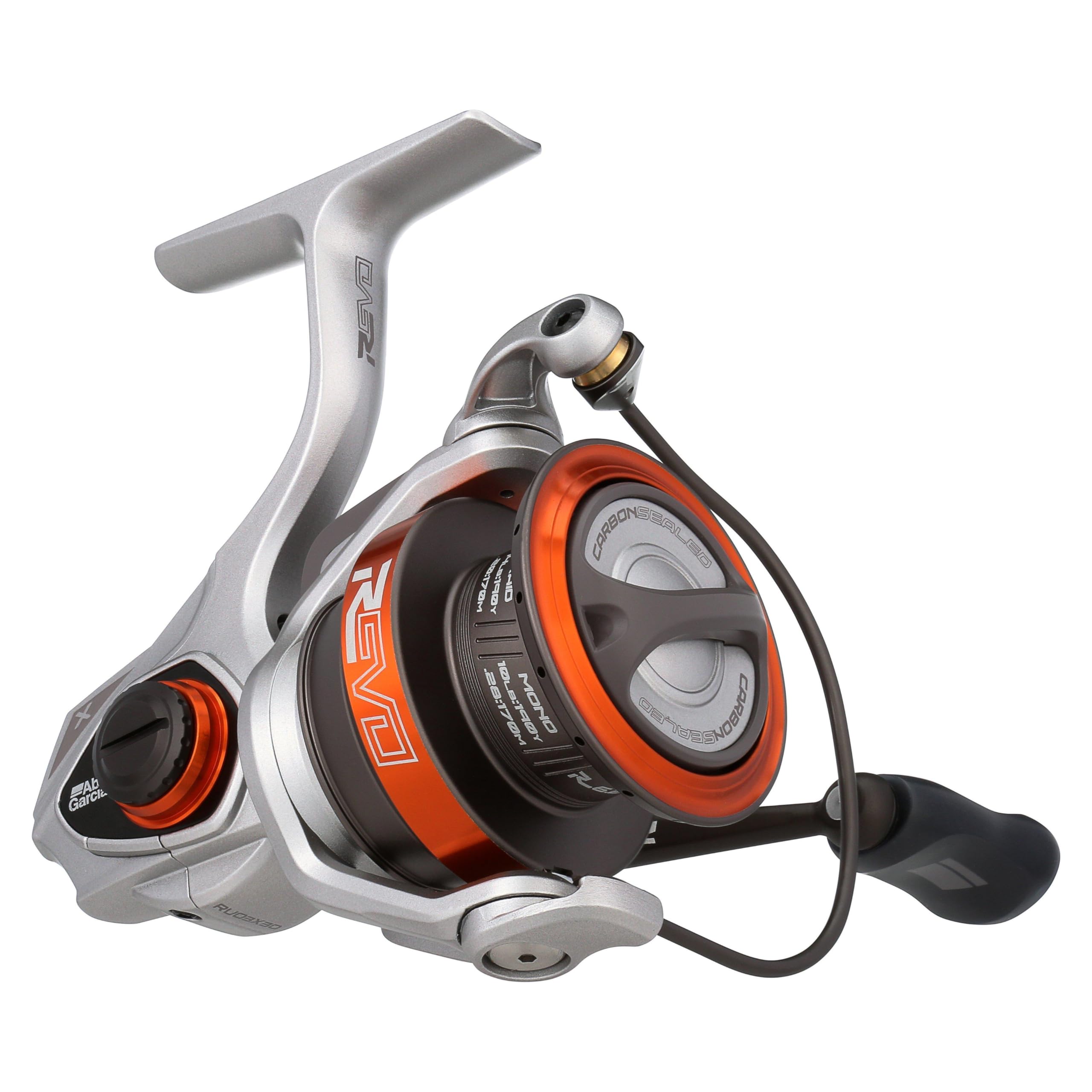 Abu Garcia Revo X spinning reel front view emphasizes compact Zenon-inspired body for balanced casting.