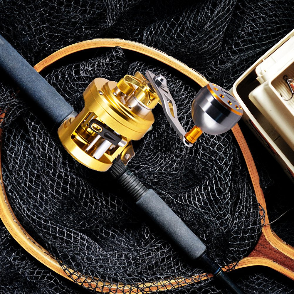 Gold Abu Round Baitcast reel handle grip top view