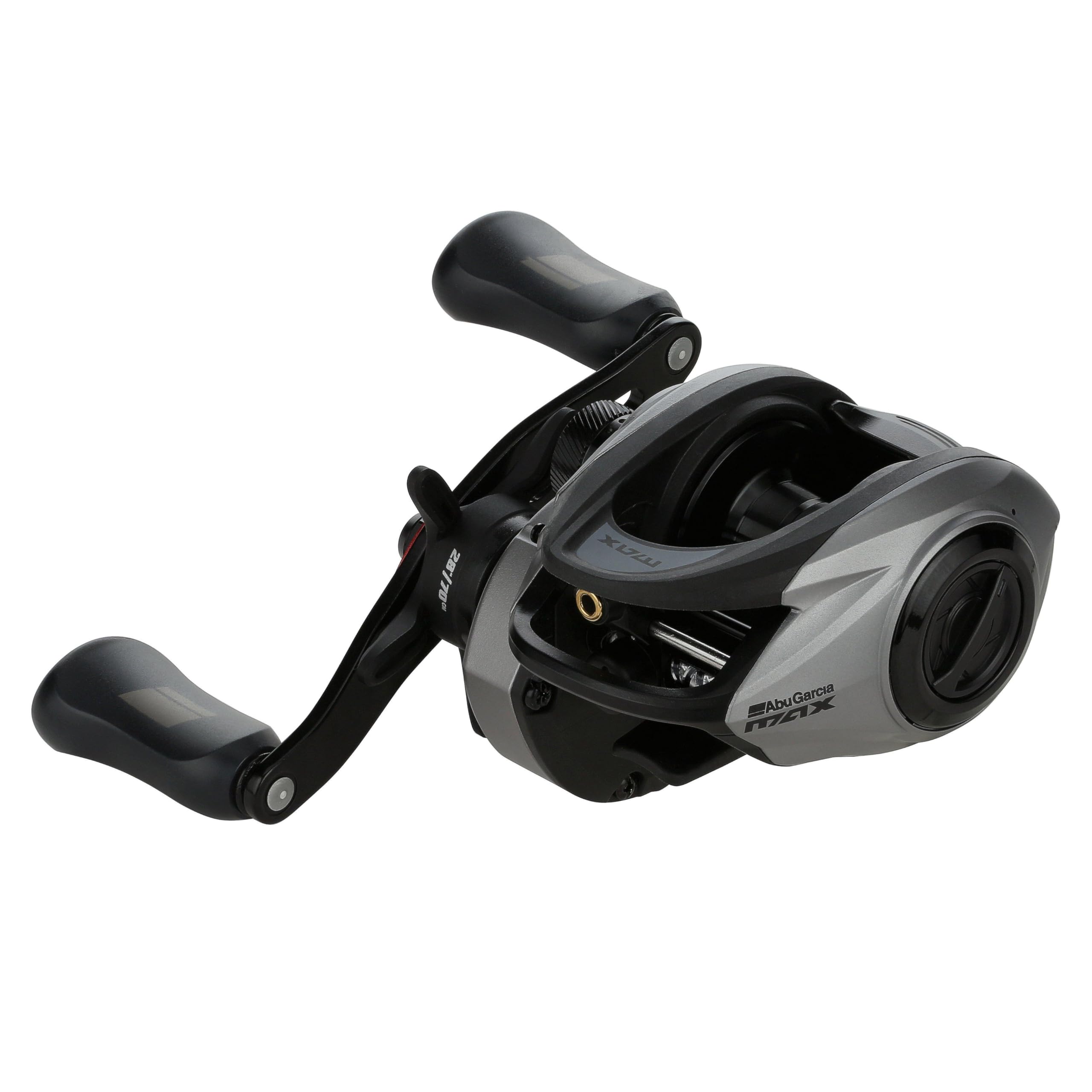 Abu Garcia Max X LP reel front view highlights lightweight graphite frame and compact design.