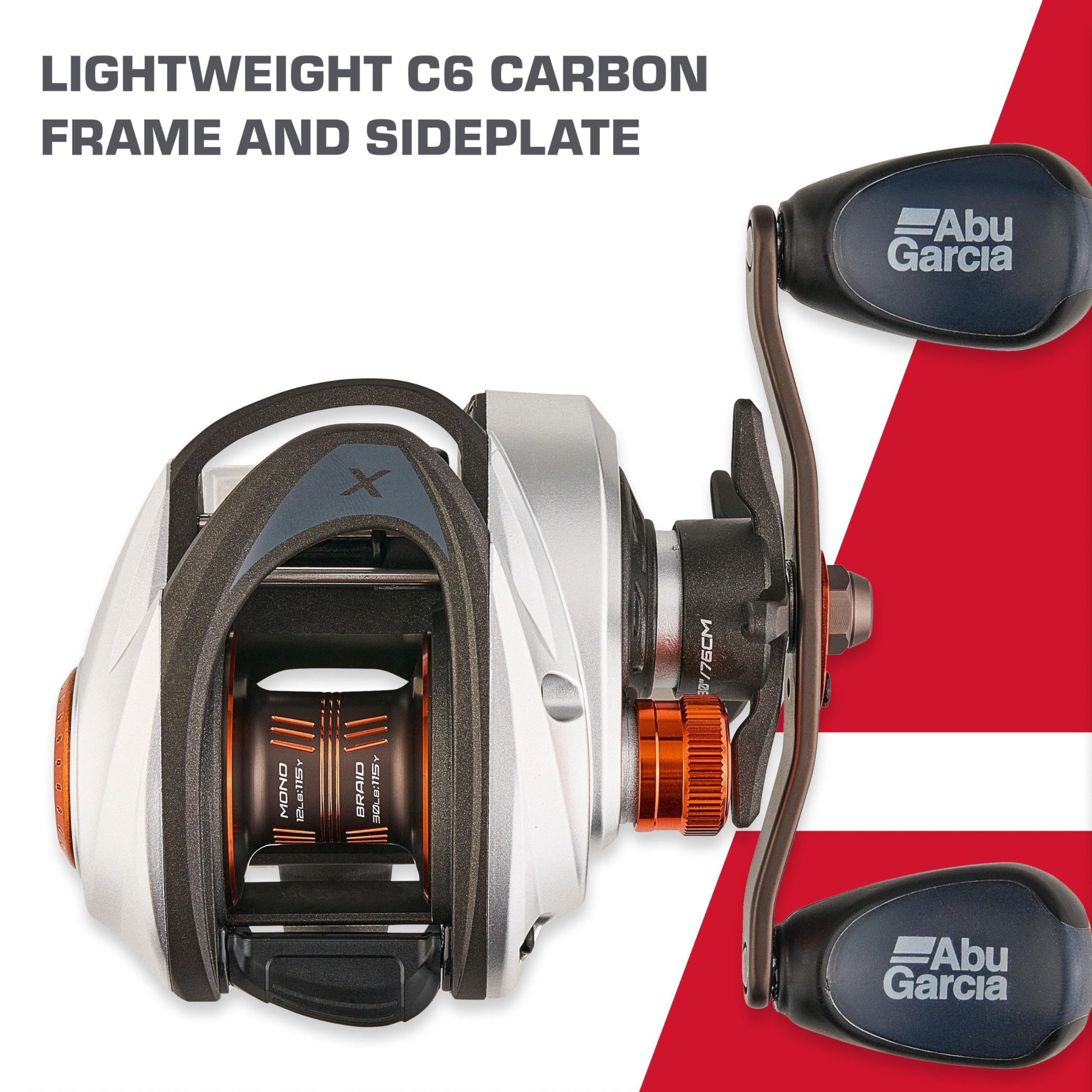 Abu Garcia Revo 5 X recovery-rate crank captures fast line retrieval during casts.