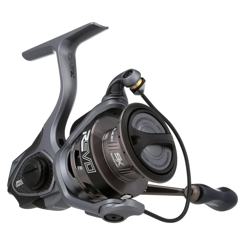 Abu Garcia Revo SX spinning reel side view highlights compact A-SYM body for balanced casting.