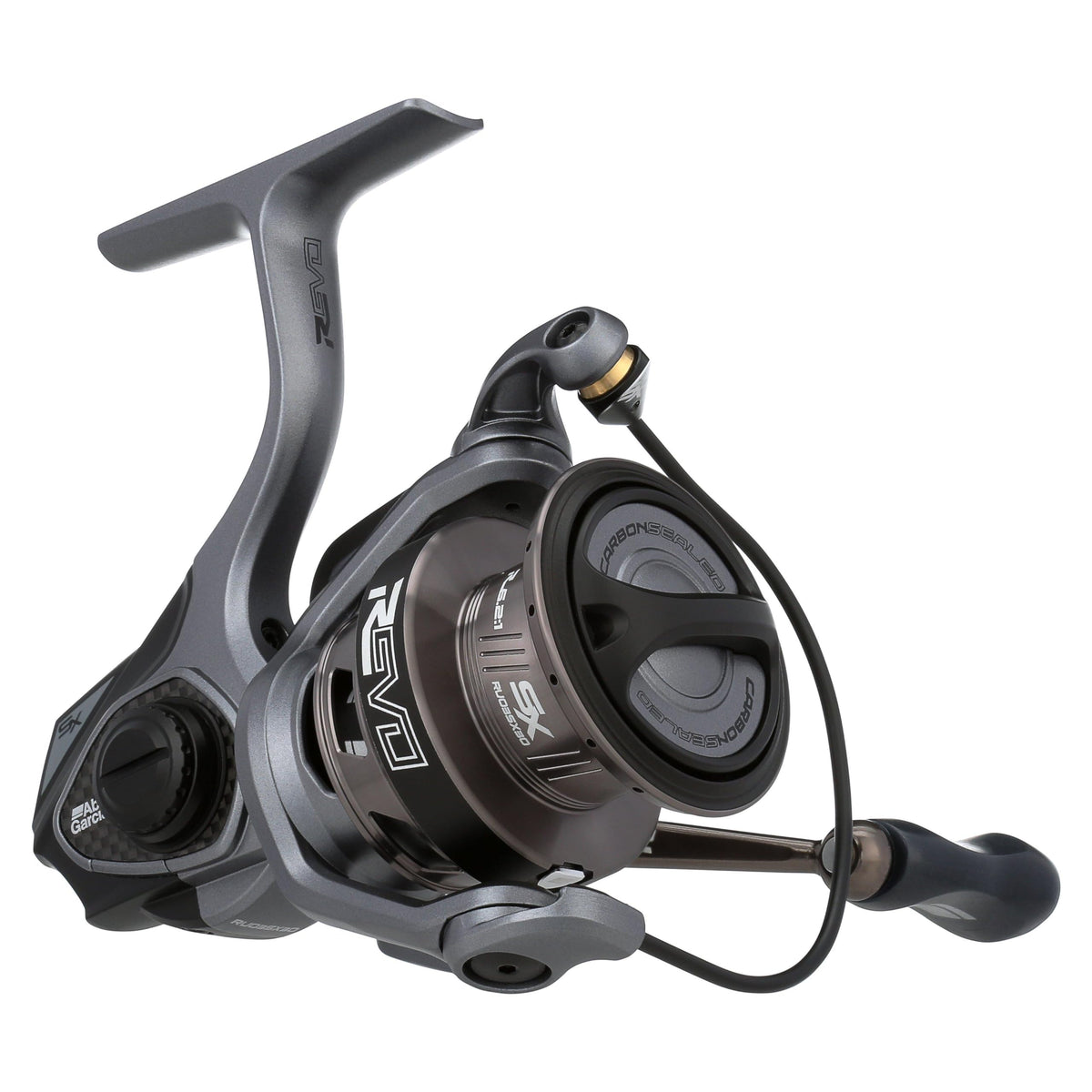 Abu Garcia Revo SX spinning reel side view highlights compact A-SYM body for balanced casting.