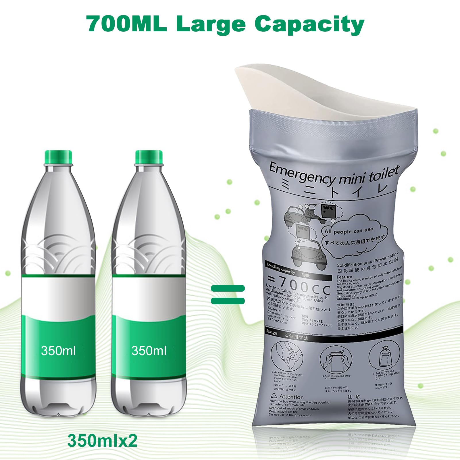 ACAGALA 700ml travel urine bag offering large capacity for extended outings.