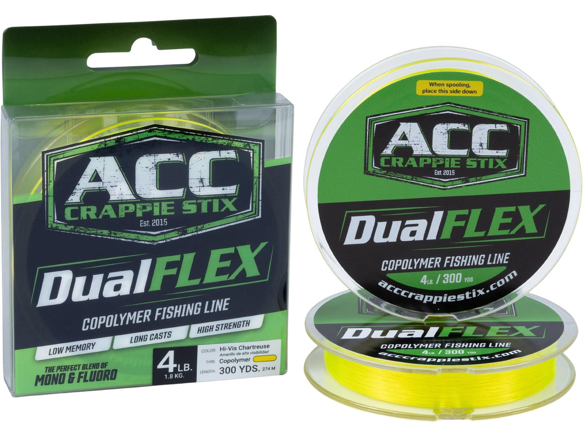 ACC Crappie Stix DualFlex line in hi-vis color improves bite detection and casting.