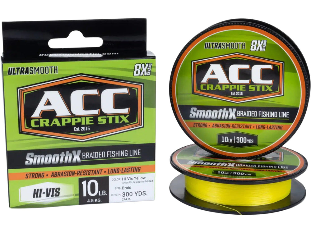 ACC Crappie Stix SmoothX braided line in hi-vis yellow enhances visibility and casting for crappie anglers