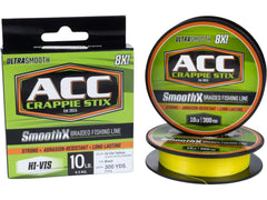 ACC Crappie Stix SmoothX braided line in hi-vis yellow enhances visibility and casting for crappie anglers