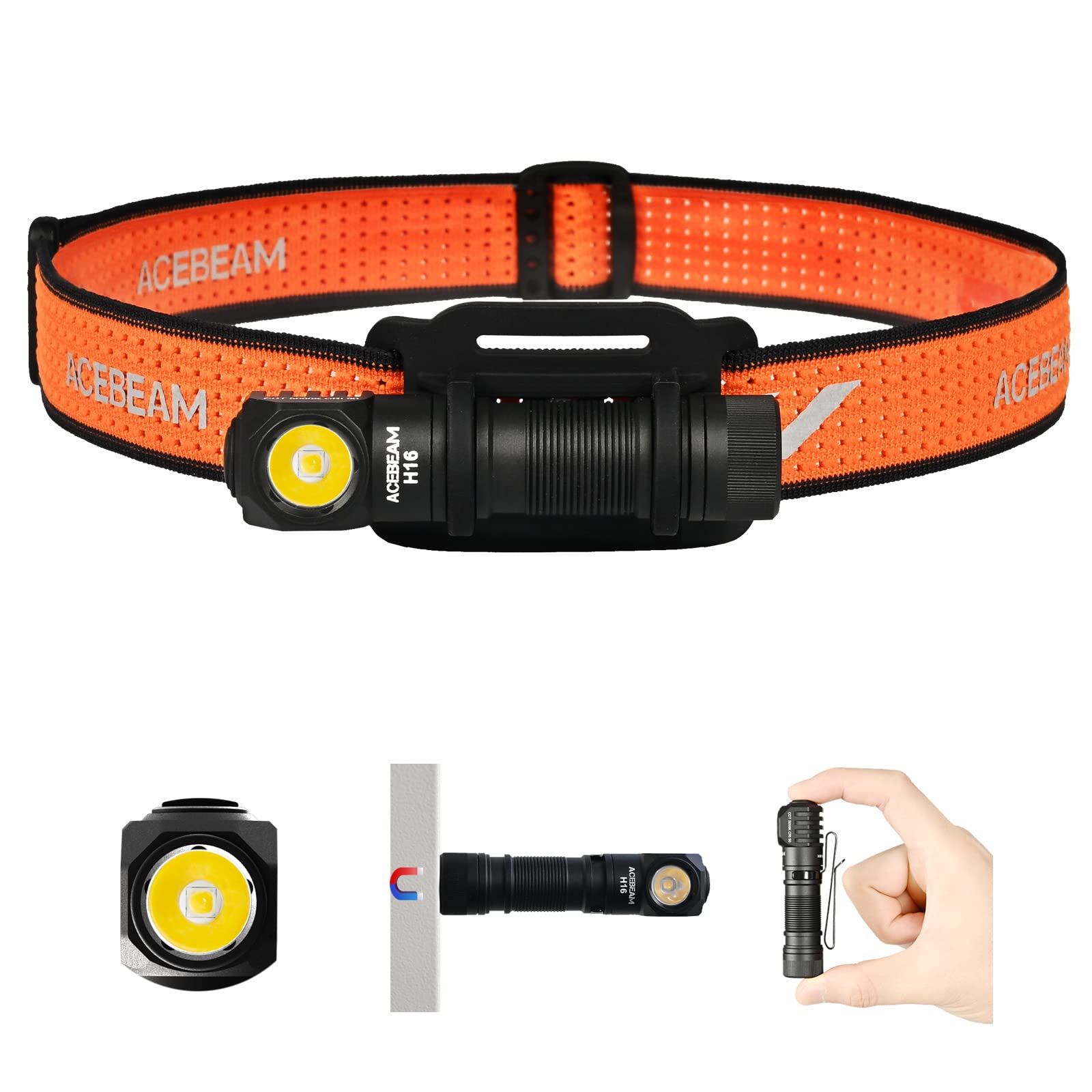 ACEBEAM H16 front view showing 650-lumen beam for broad illumination and clarity