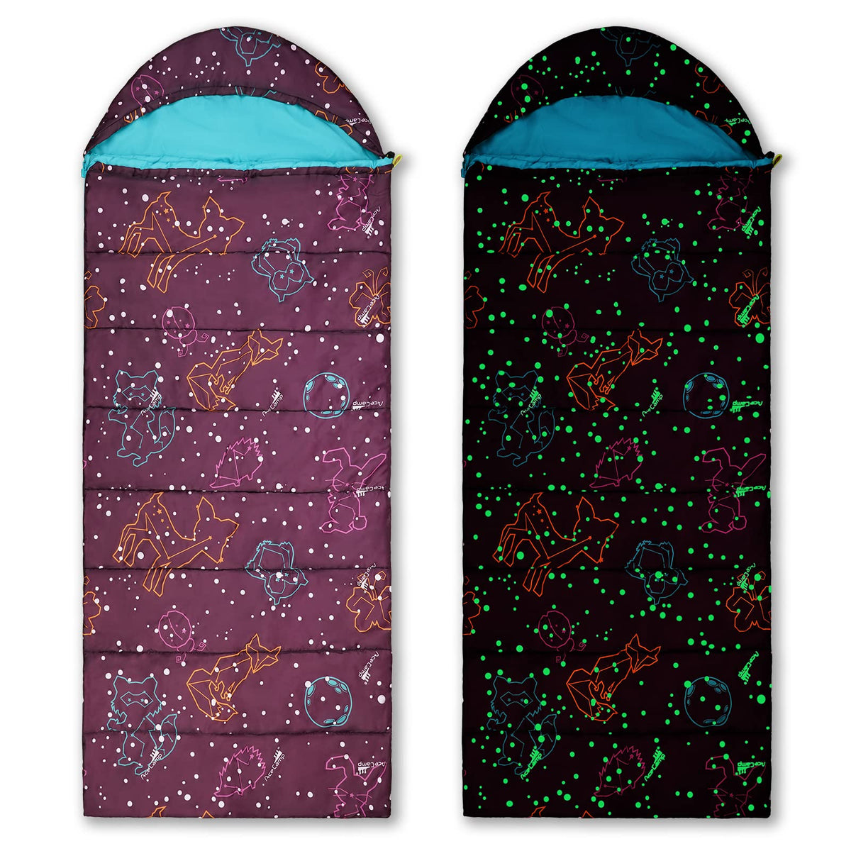 AceCamp 3 Seasons kids sleeping bag interior demonstrates cozy warmth for camping.