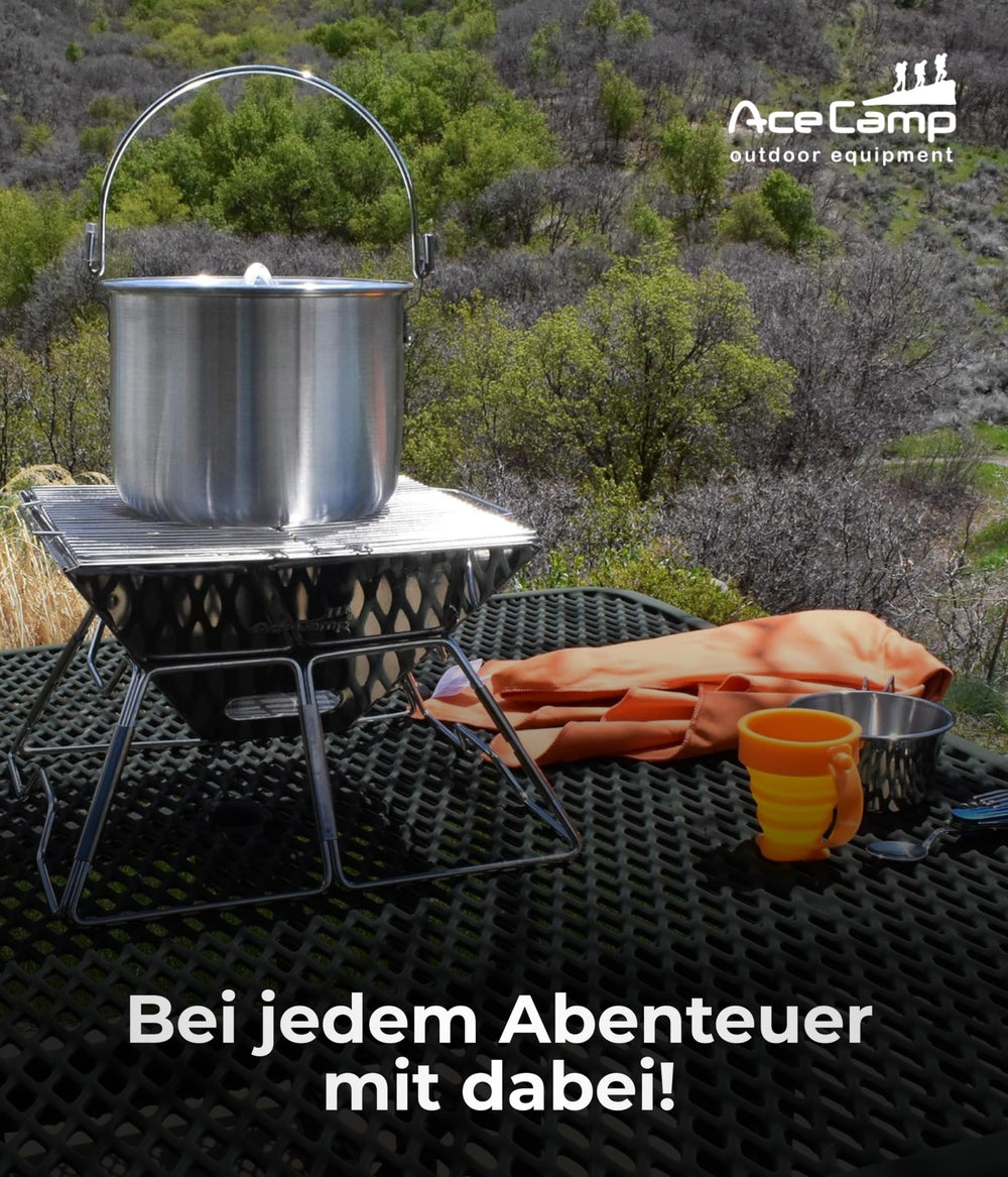 AceCamp pot with lid helps simmer and prevent splatter.