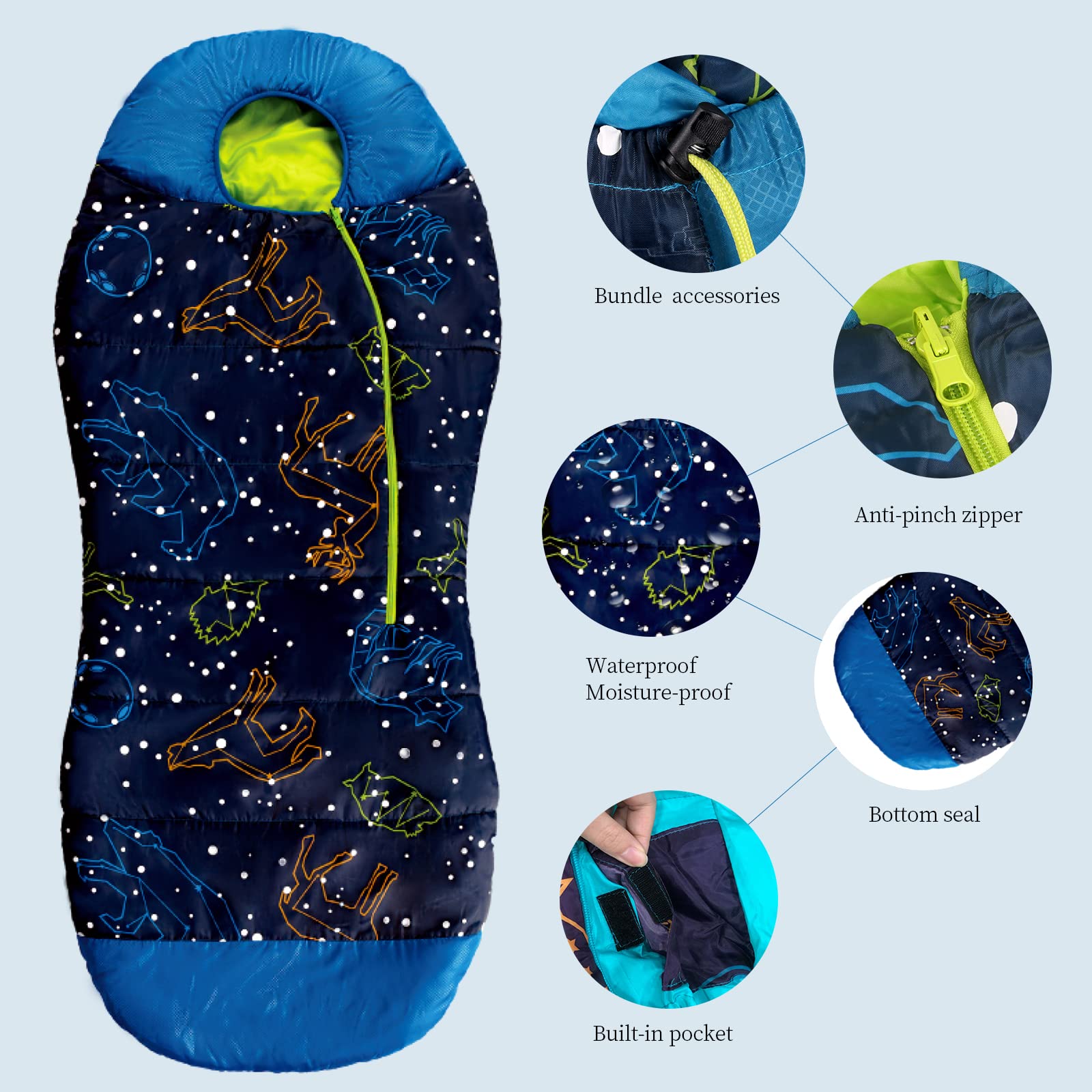 AceCamp glow in dark mummy bag side view shows roomy fit.