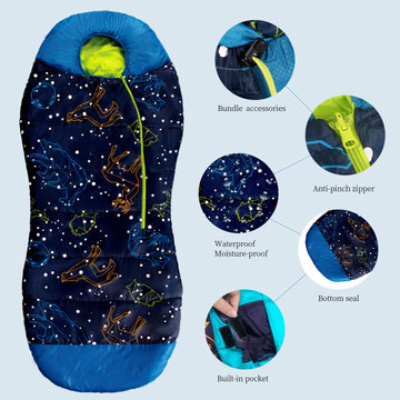 AceCamp glow-in-the-dark mummy sleeping bag blue open demonstrates easy access for youth campers