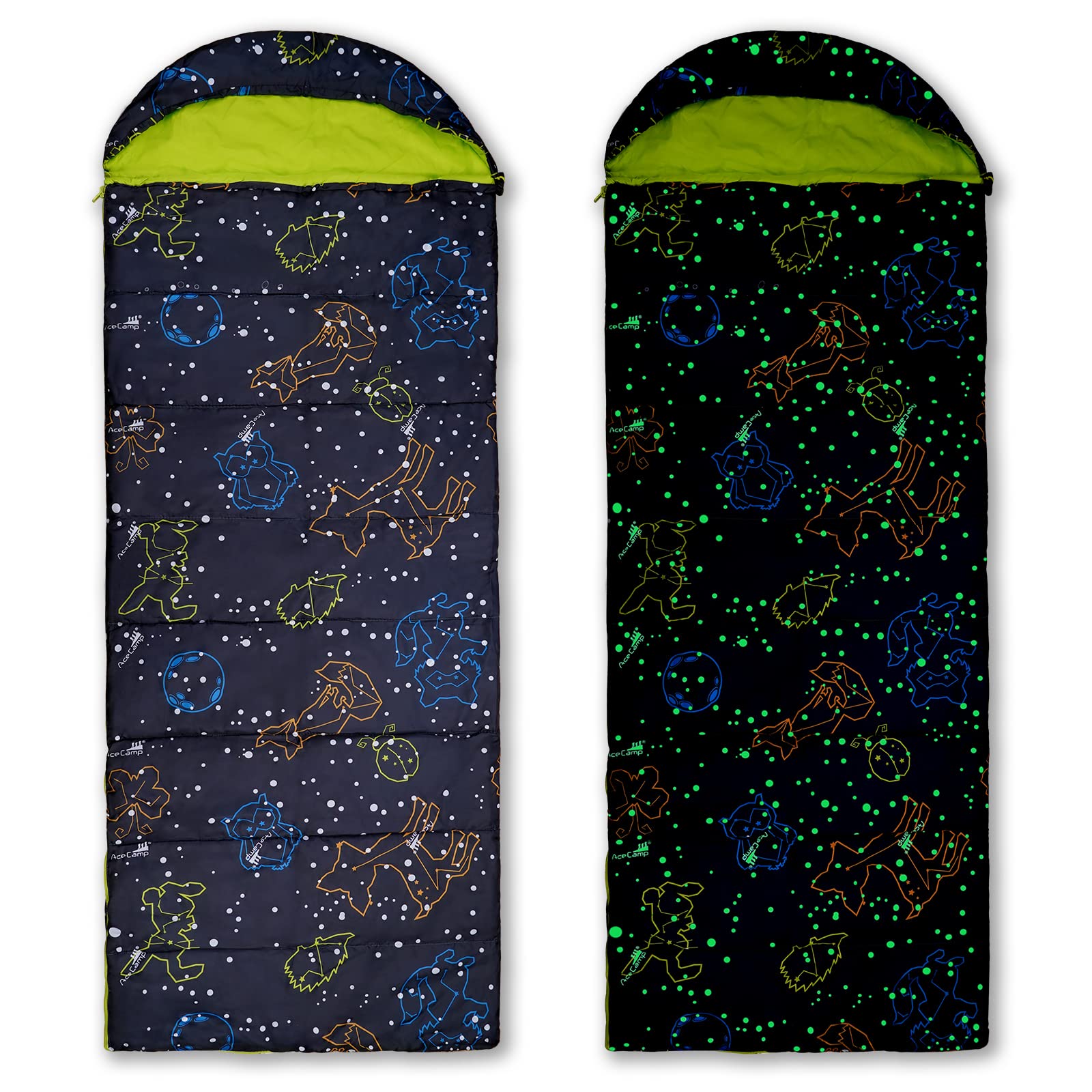 AceCamp glow-in-the-dark sleeping bag youth blue front view highlights roomy design.