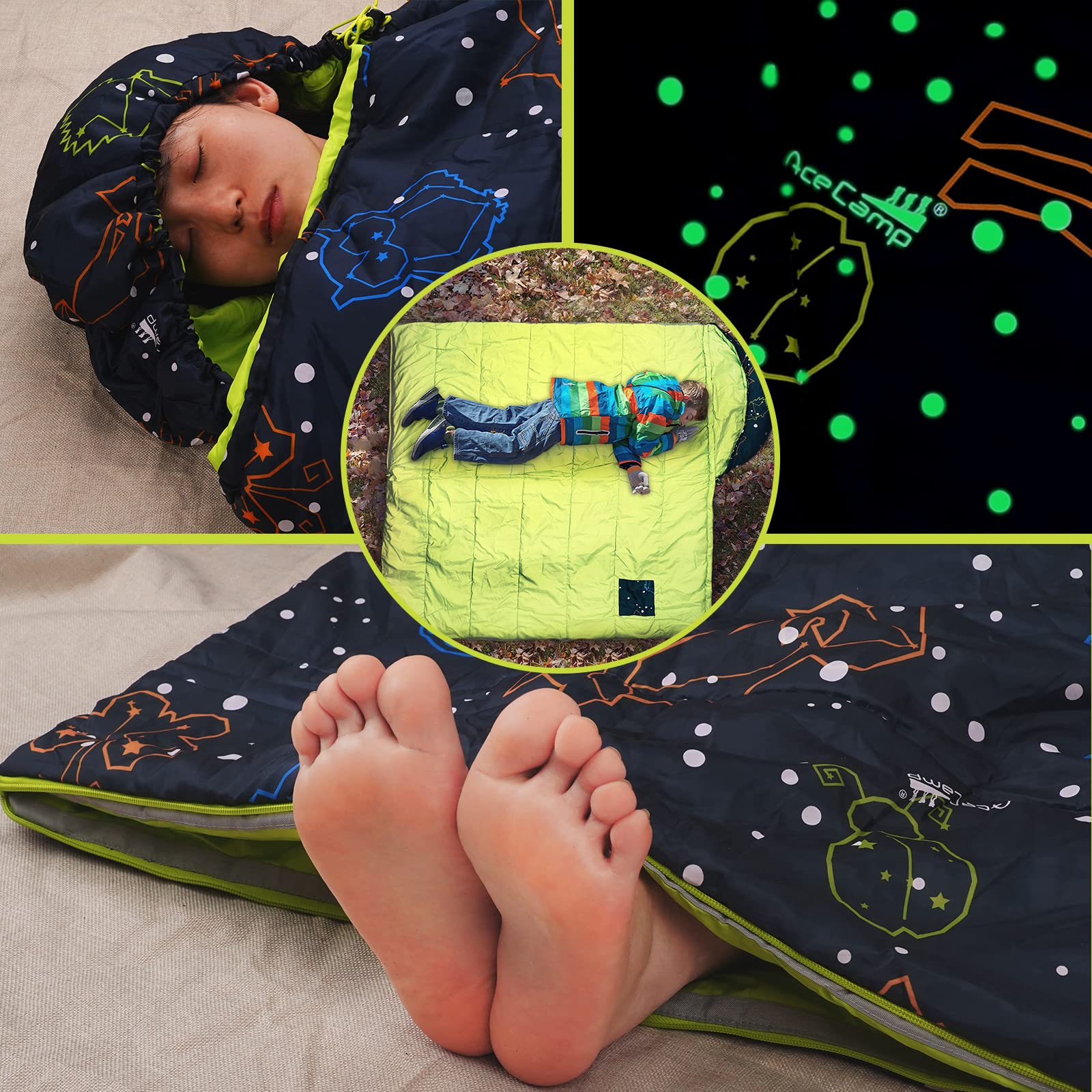 AceCamp glow-in-the-dark sleeping bag youth blue glow effect.