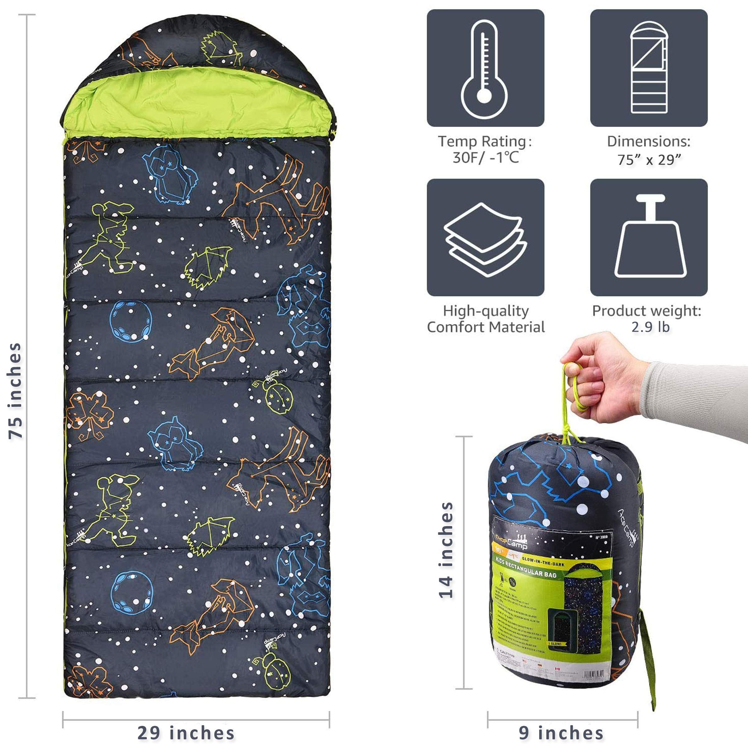 AceCamp glow-in-the-dark sleeping bag youth blue interior pocket detail.