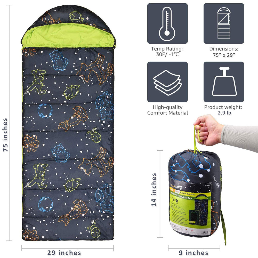 AceCamp glow-in-the-dark sleeping bag youth blue interior pocket detail.