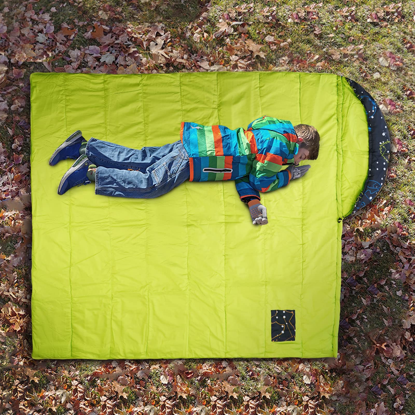 AceCamp glow-in-the-dark sleeping bag youth blue packaging size.