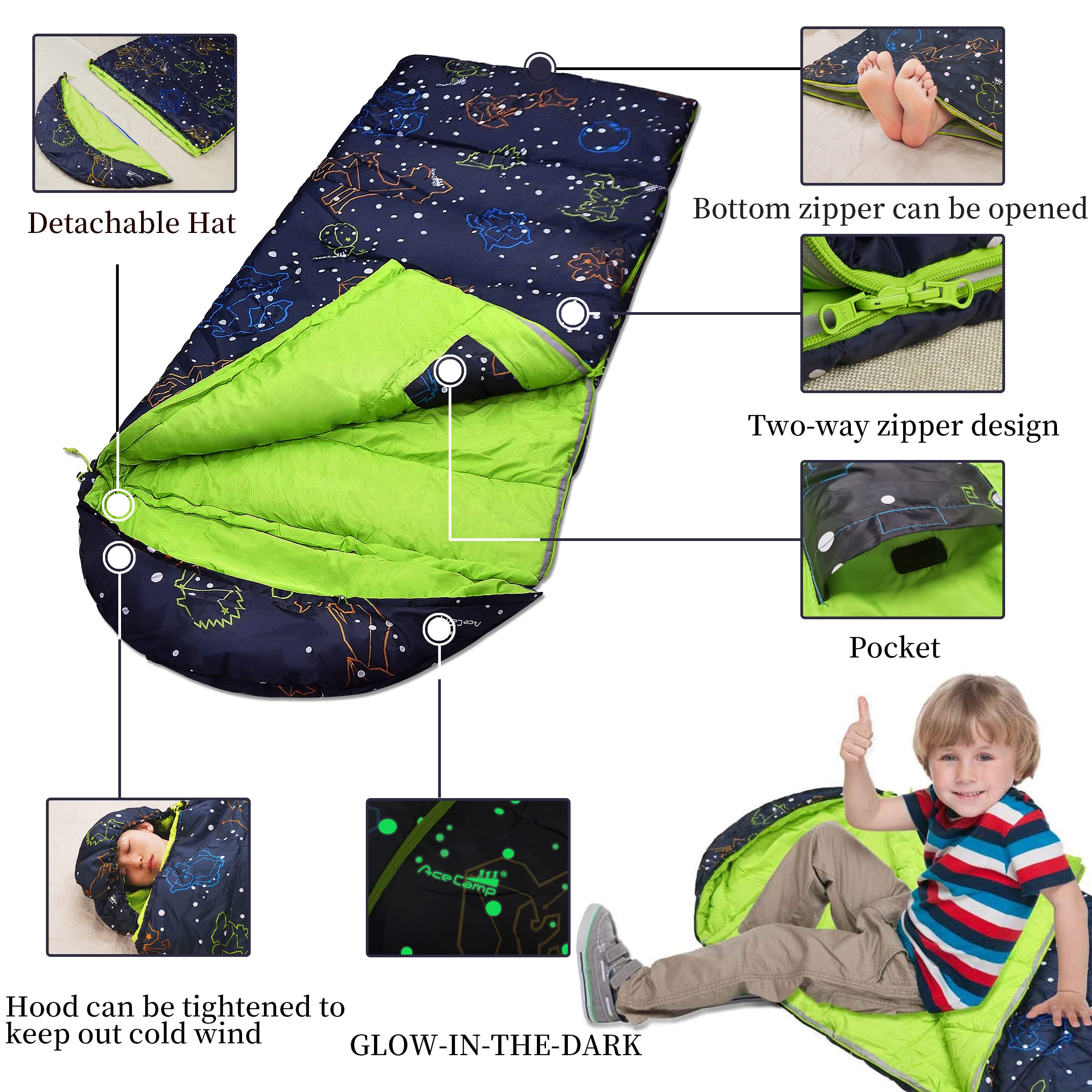 AceCamp glow-in-the-dark sleeping bag youth blue packed for travel.