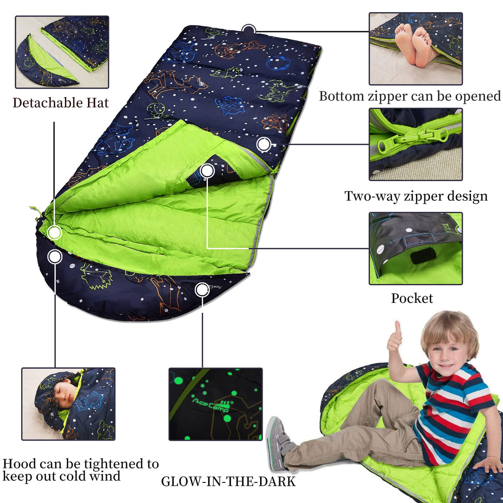 AceCamp glow-in-the-dark sleeping bag youth blue packed for travel.