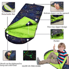 AceCamp glow-in-the-dark sleeping bag youth blue packed for travel.