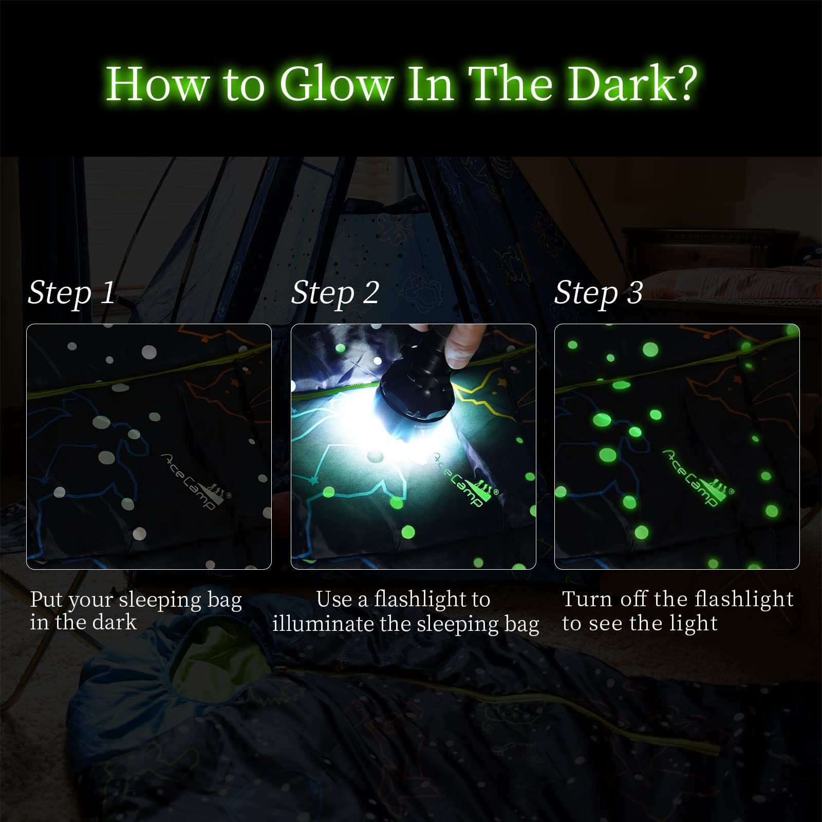 AceCamp glow-in-the-dark sleeping bag youth blue roomy space.