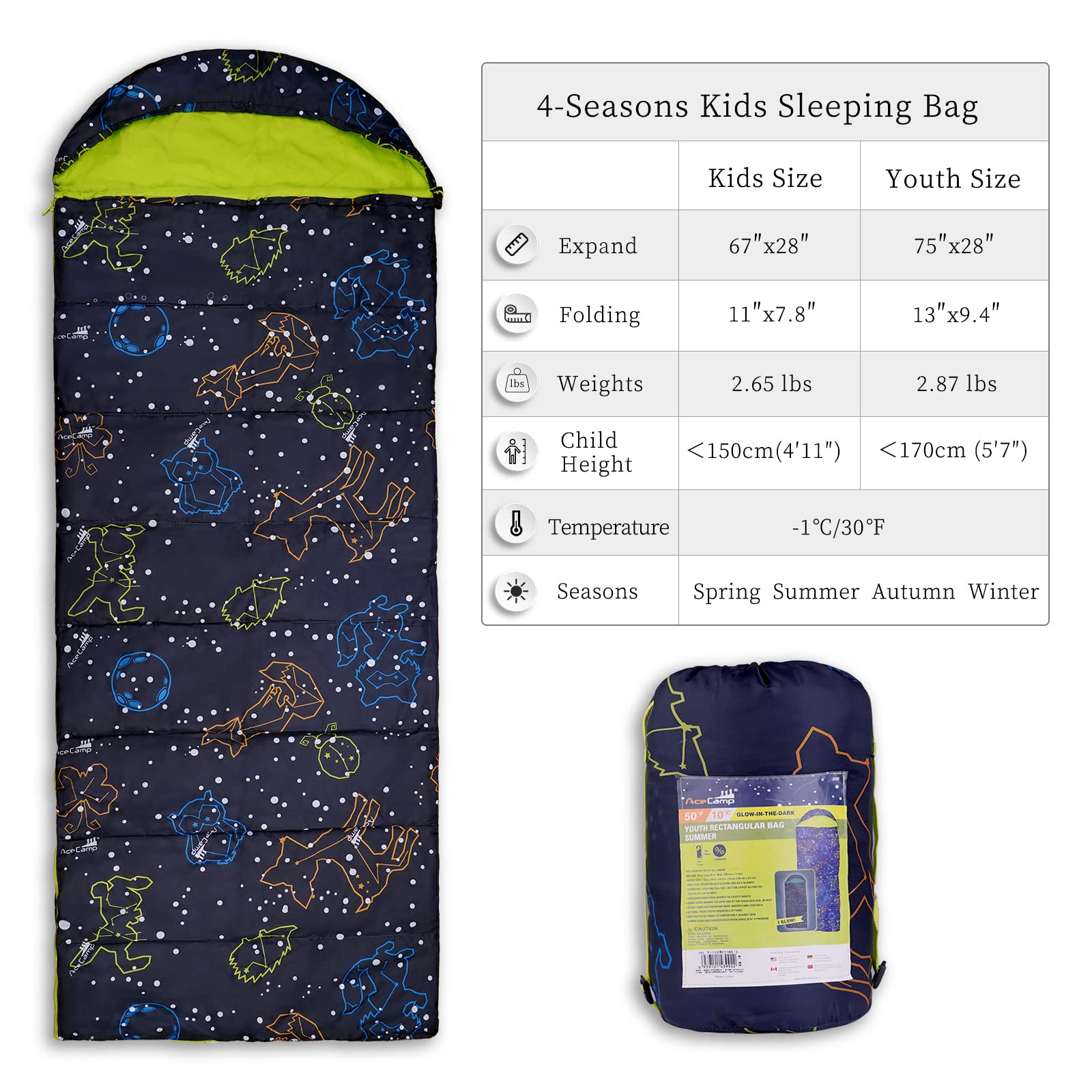 AceCamp glow-in-the-dark sleeping bag youth blue textured shell.