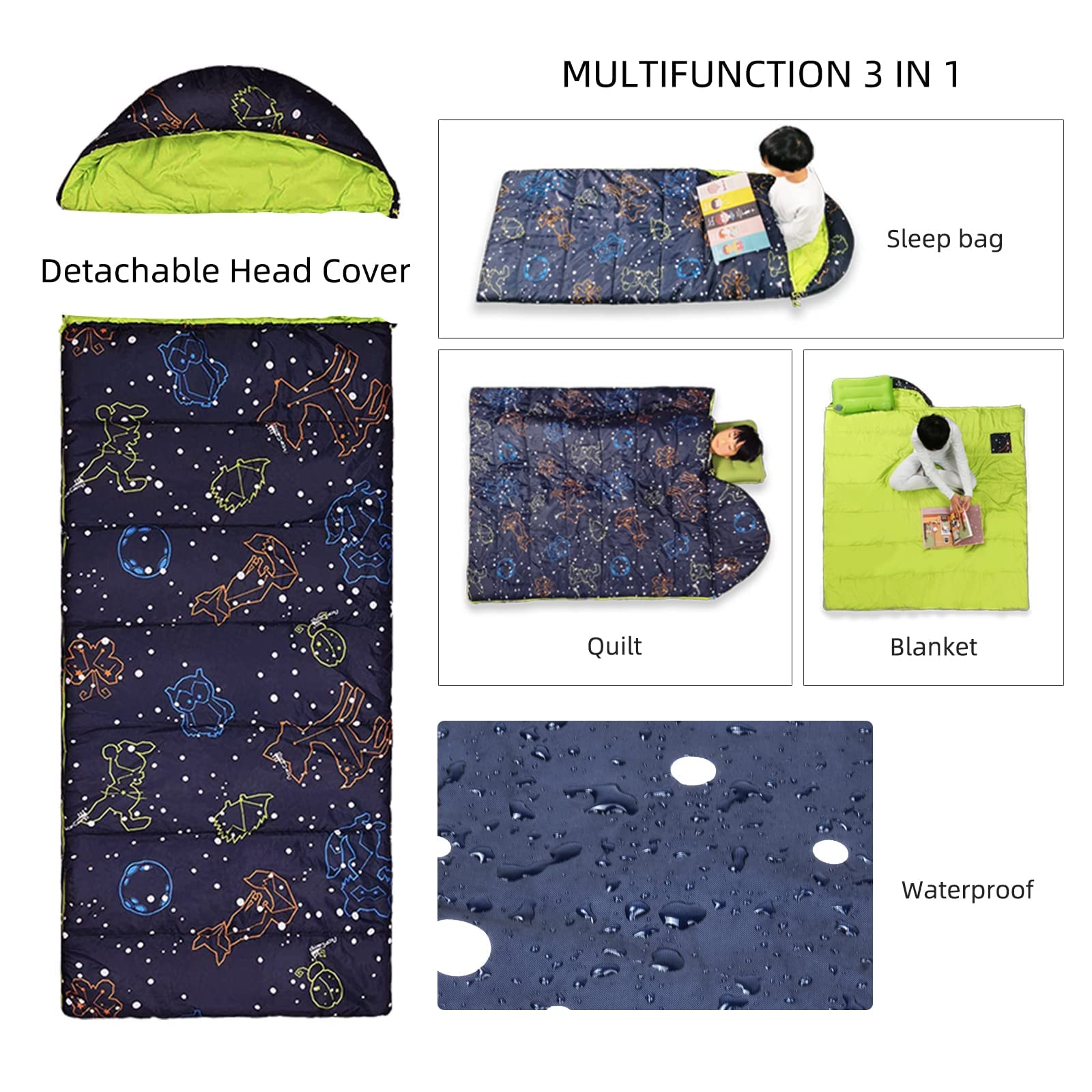 AceCamp glow-in-the-dark sleeping bag youth blue water-resistant exterior.