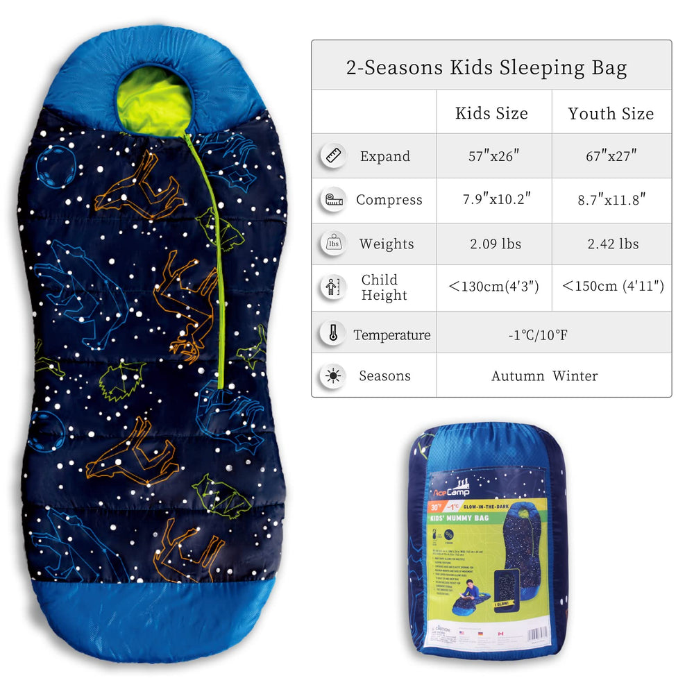 AceCamp kids sleeping bag glow in dark for peaceful nights.
