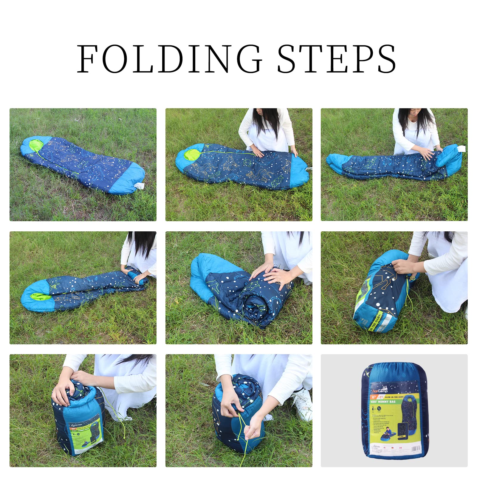 AceCamp lightweight kids sleeping bag for easy packing.