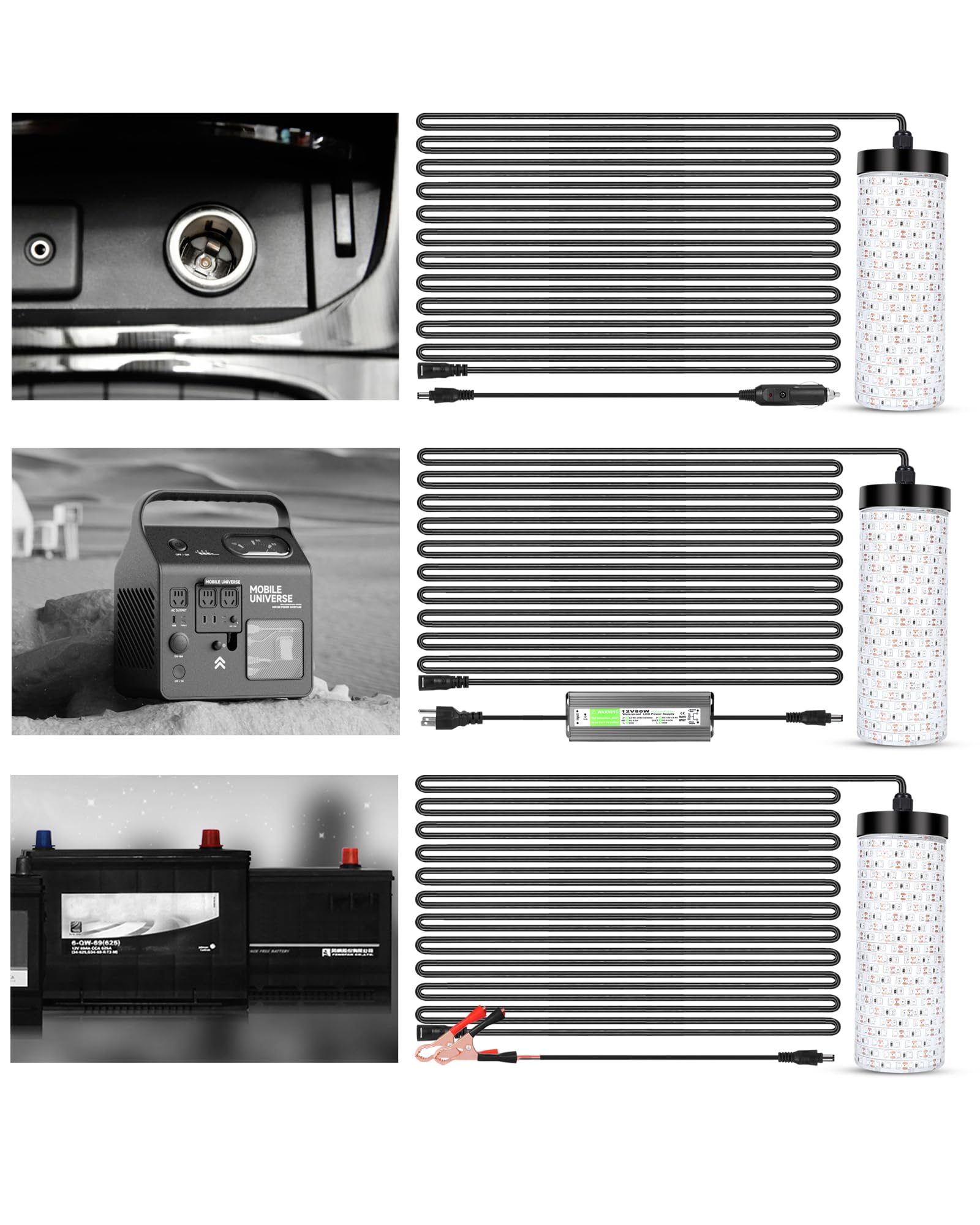 Fishing light with battery clips and cigarette plug