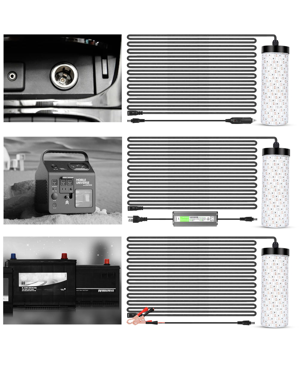 Fishing light with battery clips and cigarette plug