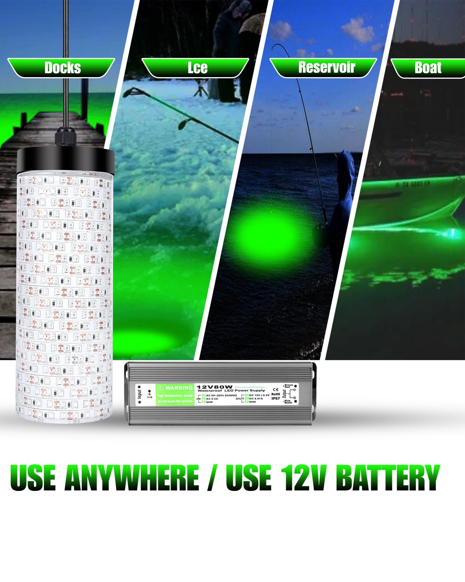 Versatile green fishing light for underwater and surface use