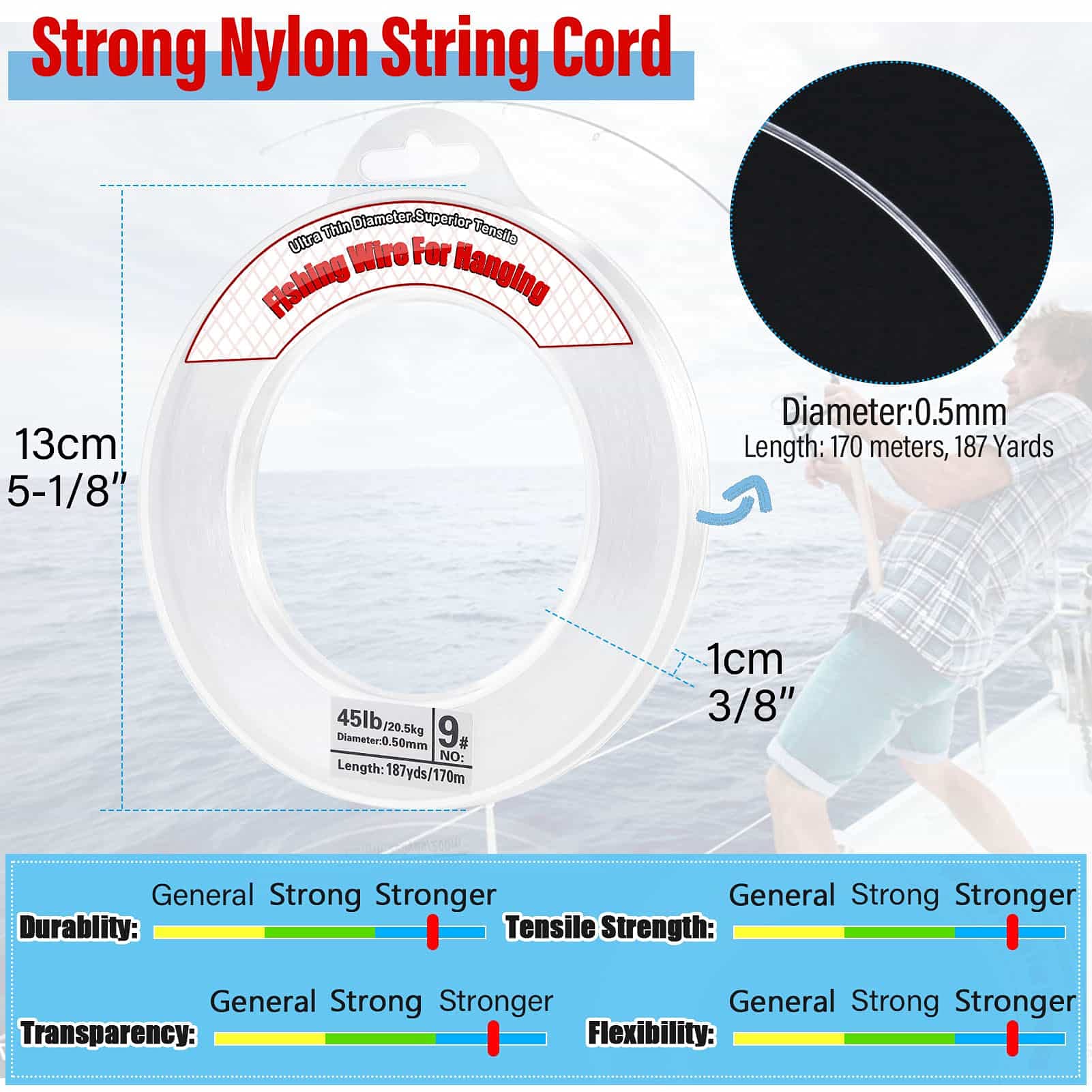 Thin nearly invisible fishing wire in use