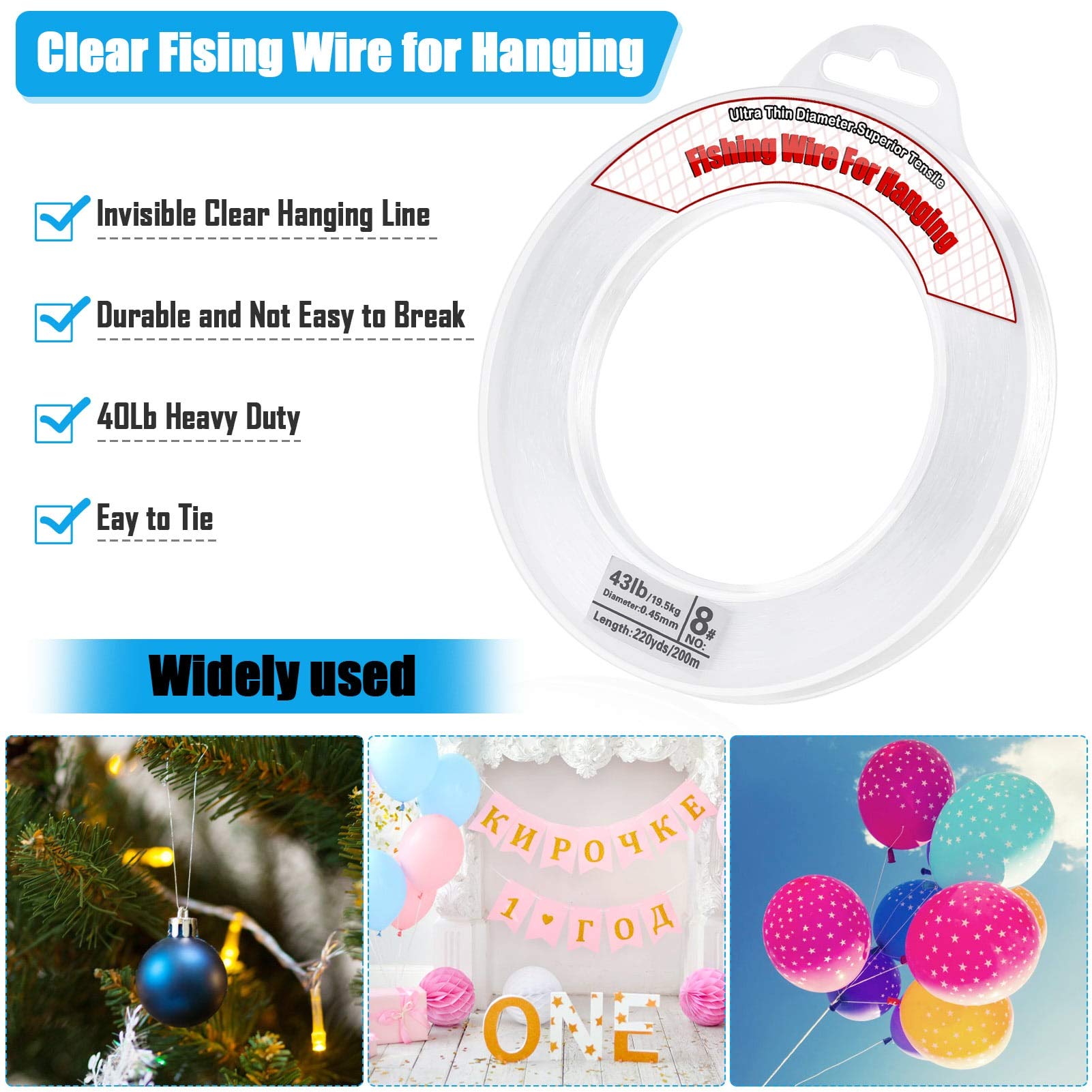 Strong nylon hanging wire displaying up to 40 lb capacity