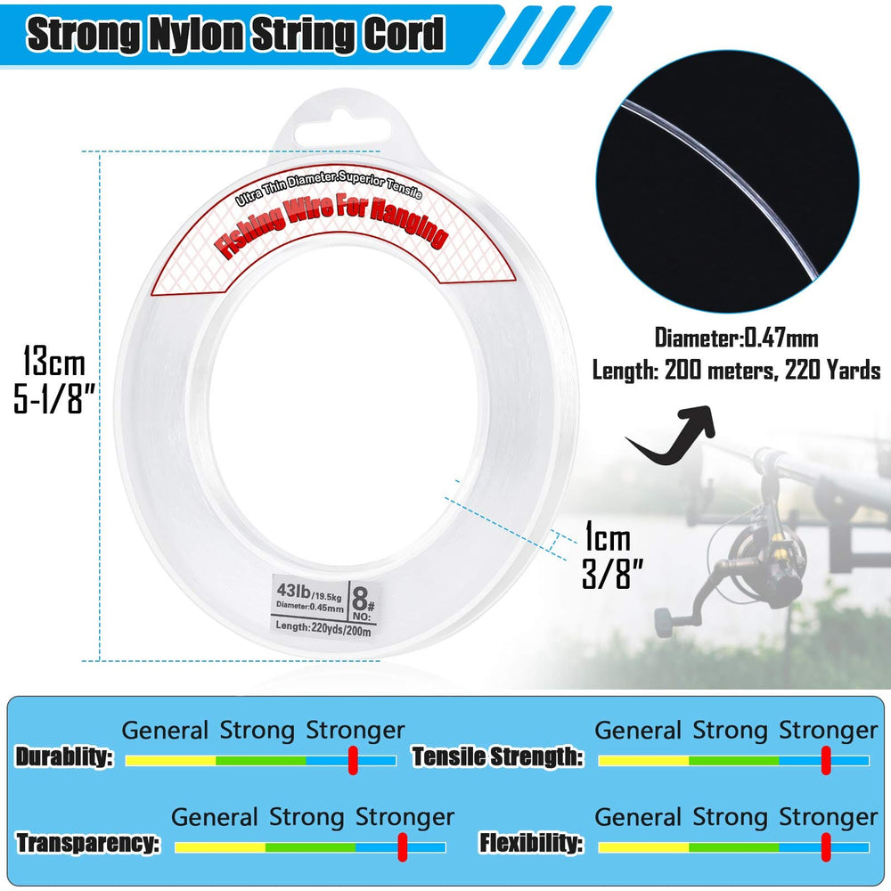Clear fishing string wound on a plastic roller for storage