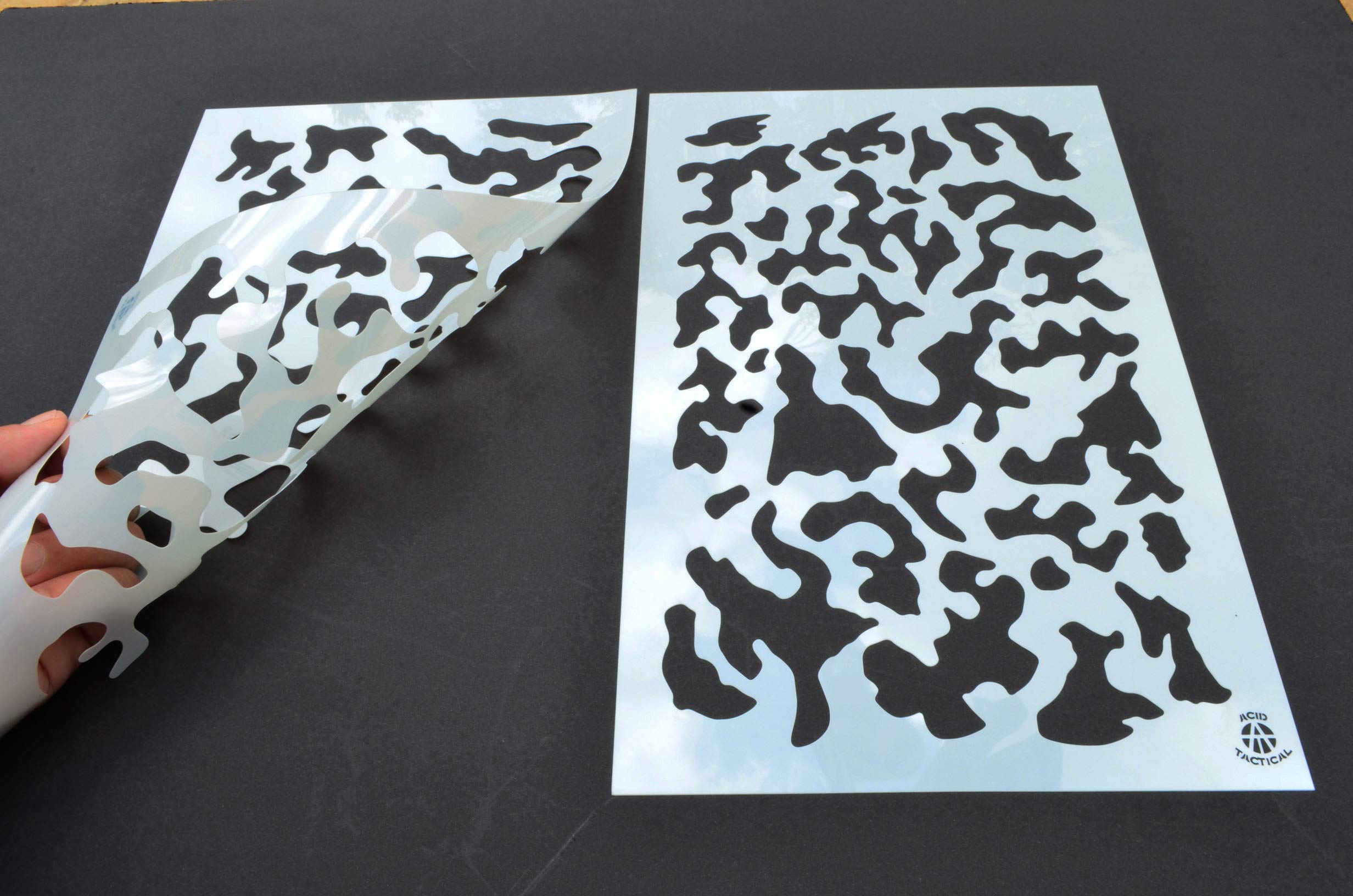 Acid Tactical camouflage stencil set shown on metal or plastic with spray-through versatility